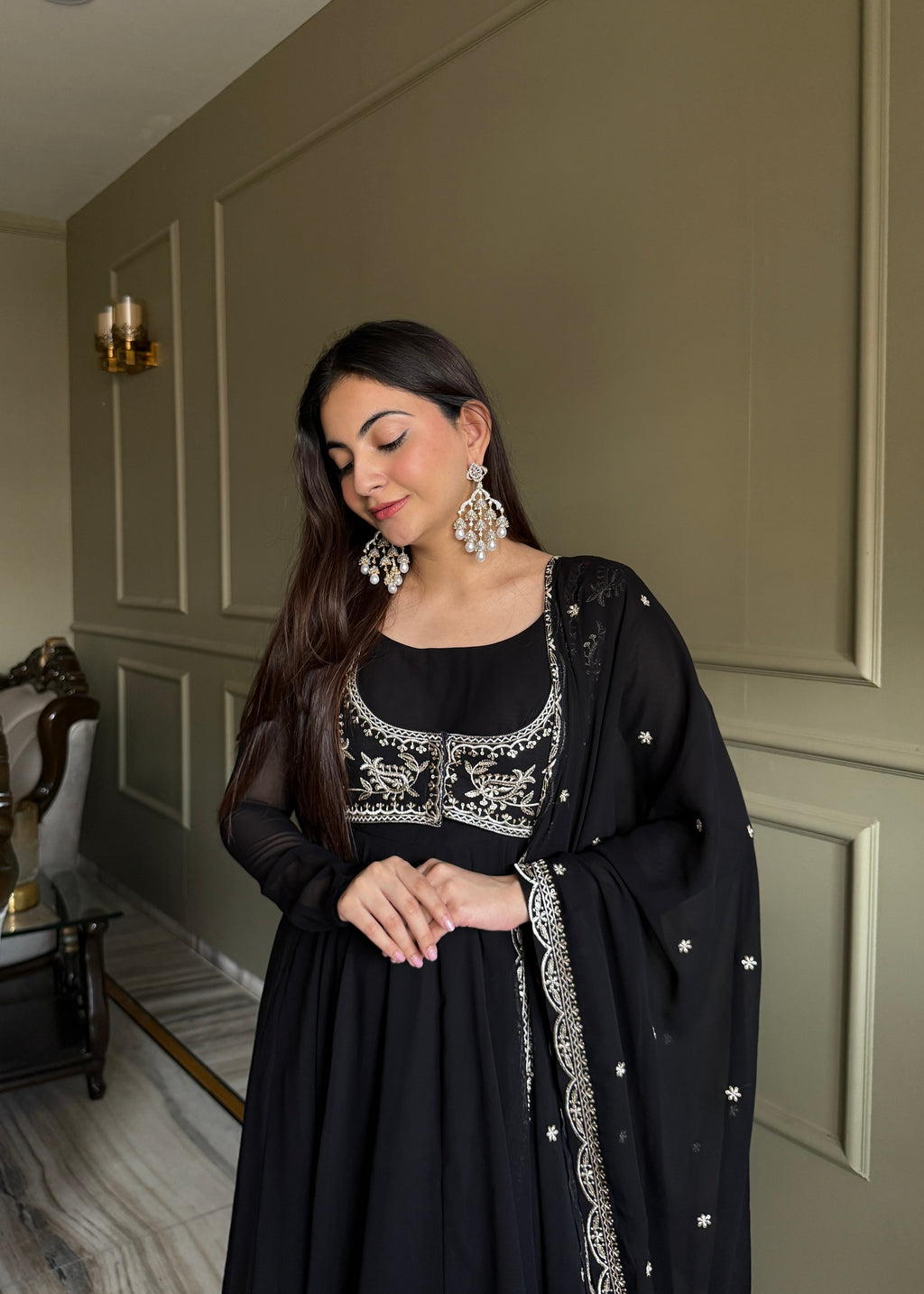 Royal Black Fox Georgette Embroidery Anarkali Gown Set with Dupatta