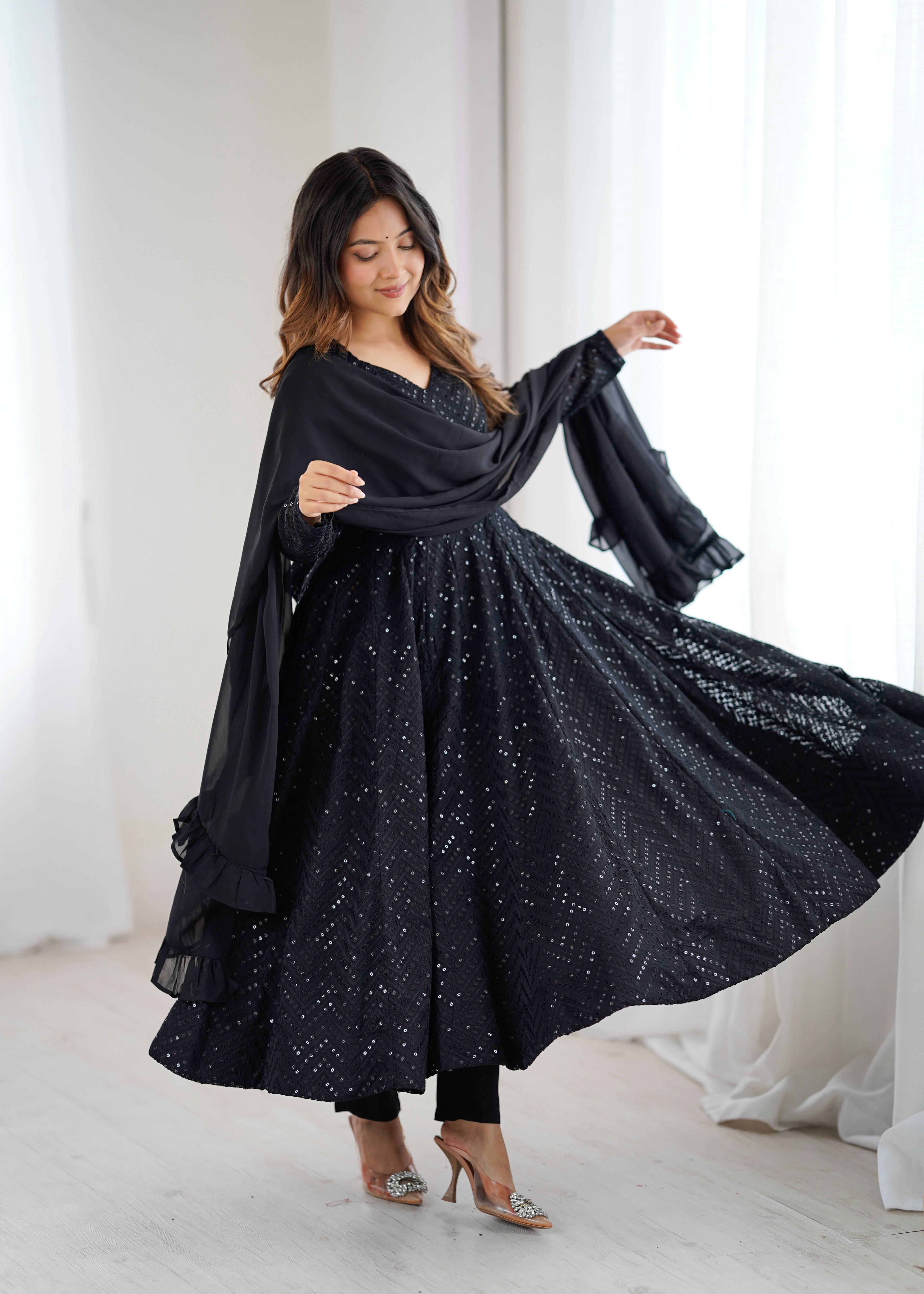 Graceful Black Soft Fox Georgette Anarkali Gown With Dupatta