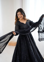 Graceful Black Soft Fox Georgette Anarkali Gown With Dupatta