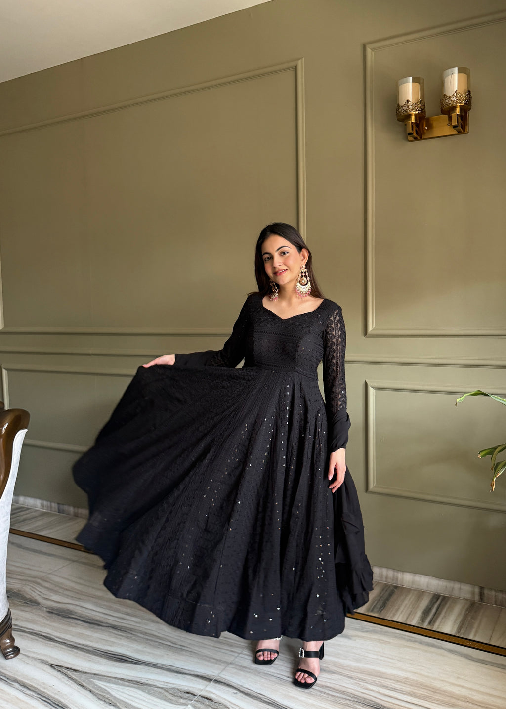 Royal Black Fox Georgette Lucknowi Anarkali Suit Set For Womens
