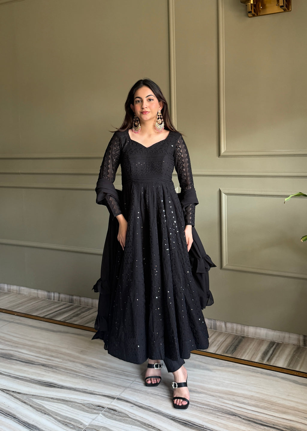 Royal Black Fox Georgette Lucknowi Anarkali Suit Set For Womens
