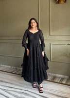 Royal Black Fox Georgette Lucknowi Anarkali Suit Set For Womens
