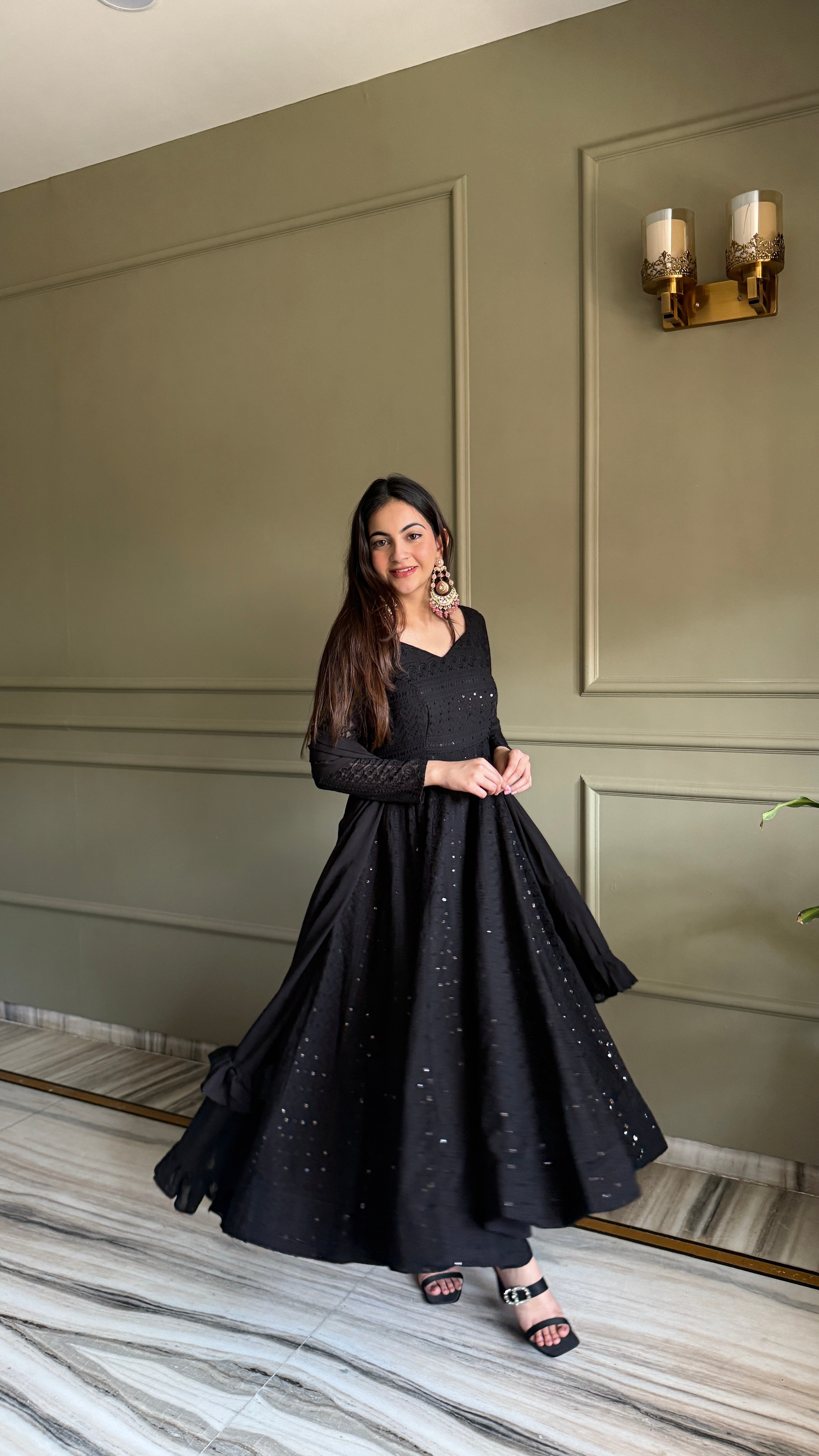 Royal Black Fox Georgette Lucknowi Anarkali Suit Set For Womens
