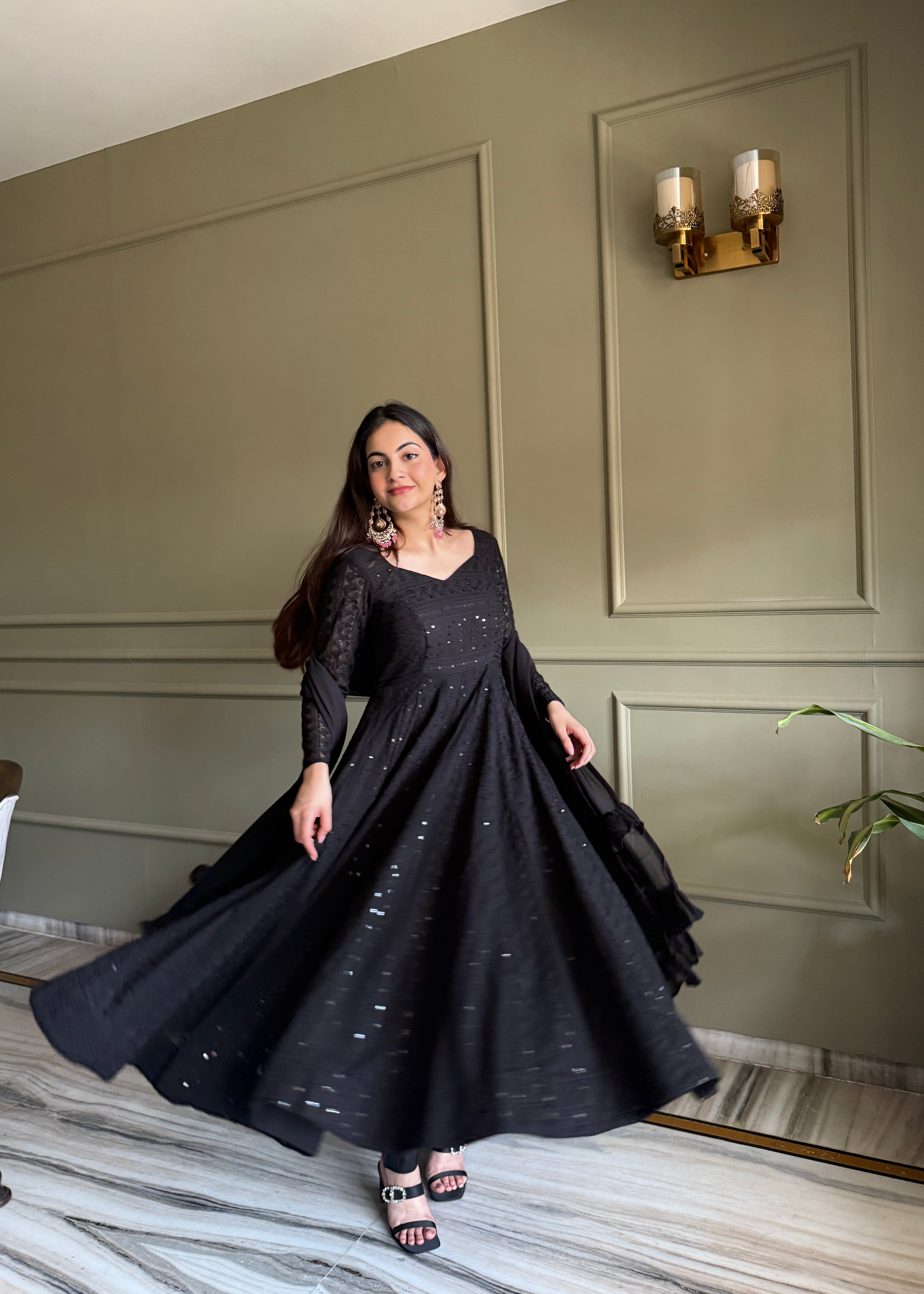 Royal Black Fox Georgette Lucknowi Anarkali Suit Set For Womens
