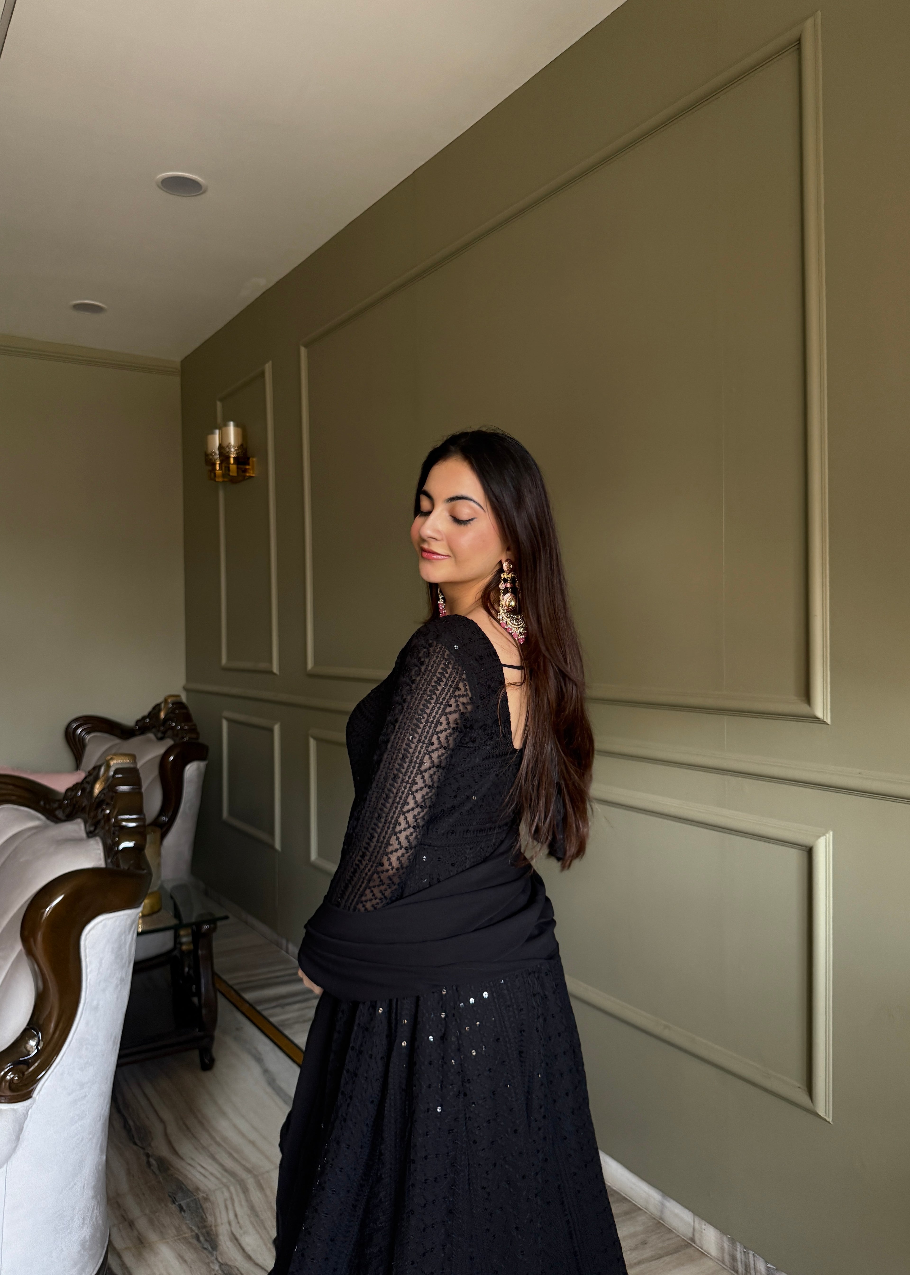 Royal Black Fox Georgette Lucknowi Anarkali Suit Set For Womens
