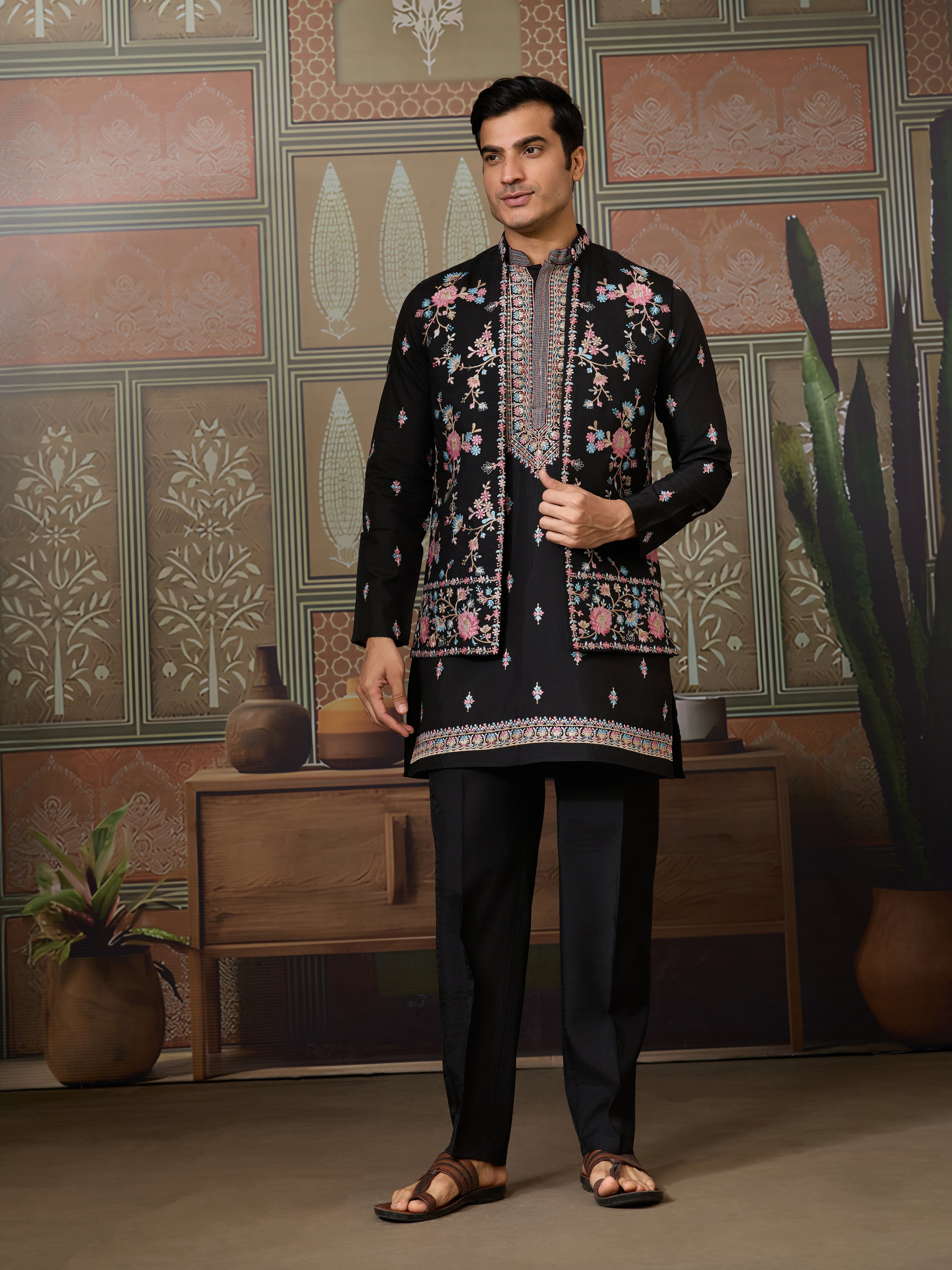 Black Mens Kurta with Stylish Koti for Wedding Wear
