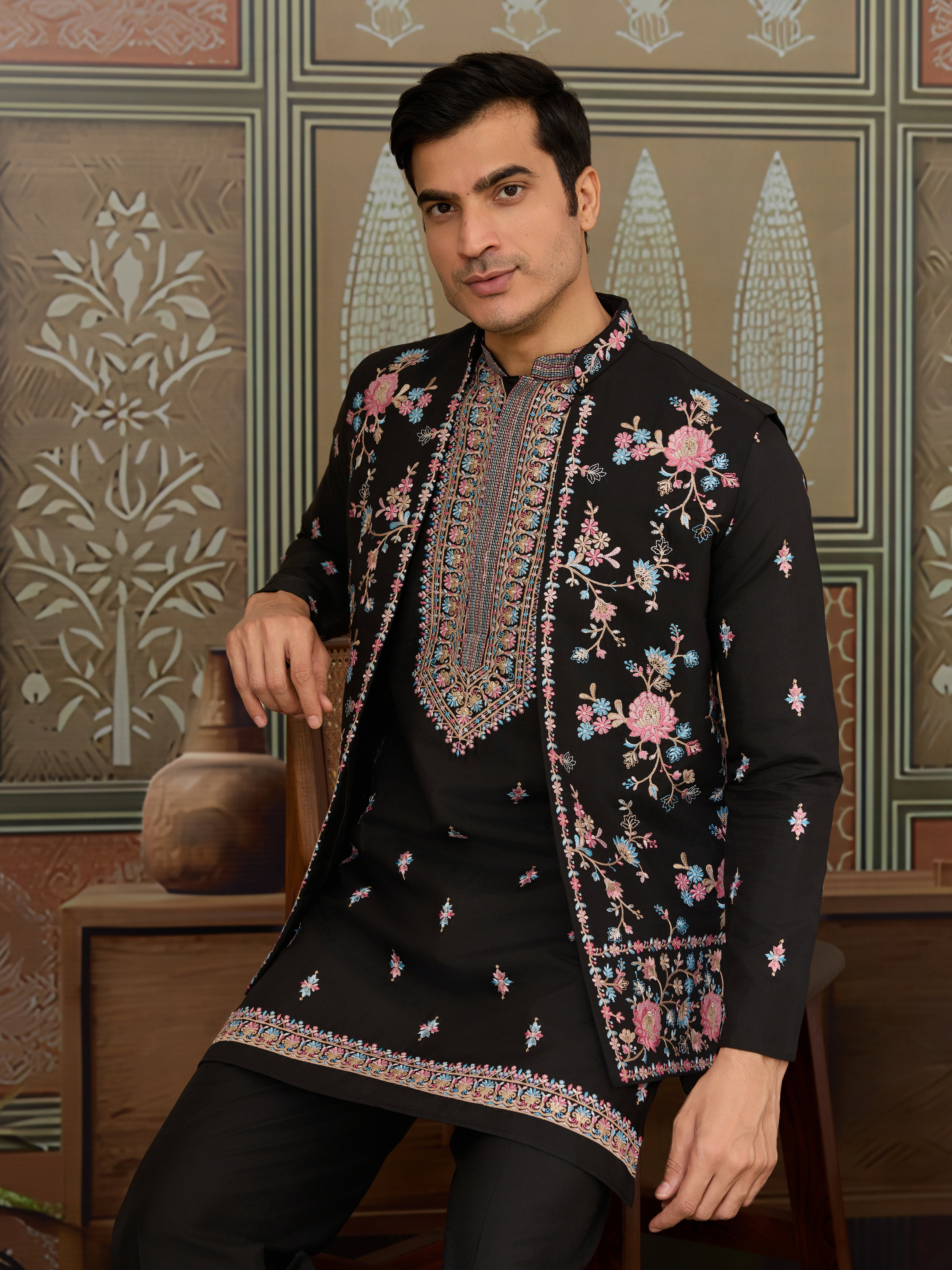 Black Mens Kurta with Stylish Koti for Wedding Wear
