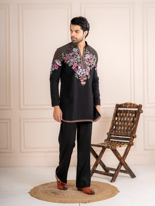 Black Japanese Armani Embroidered Kurta Set | Tulip Designer
