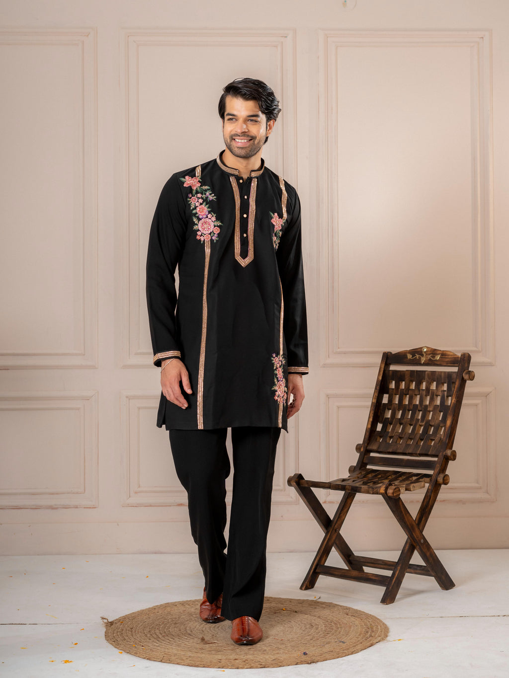 Luxe Black Armani Thread Embroidered Kurta | Tulip Designer
