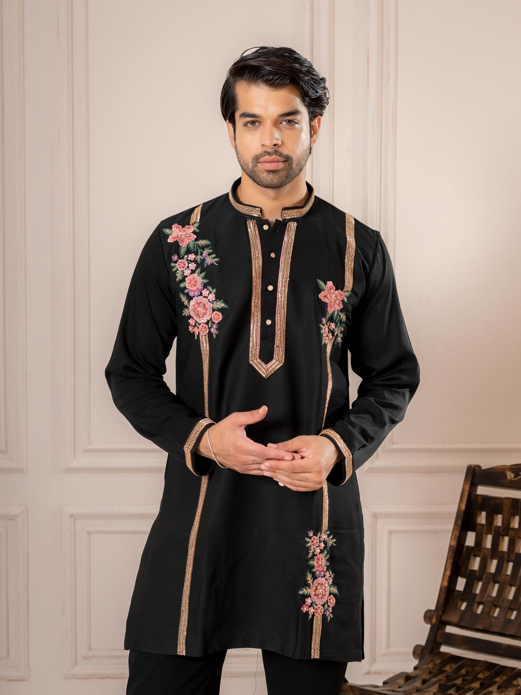 Luxe Black Armani Thread Embroidered Kurta | Tulip Designer


