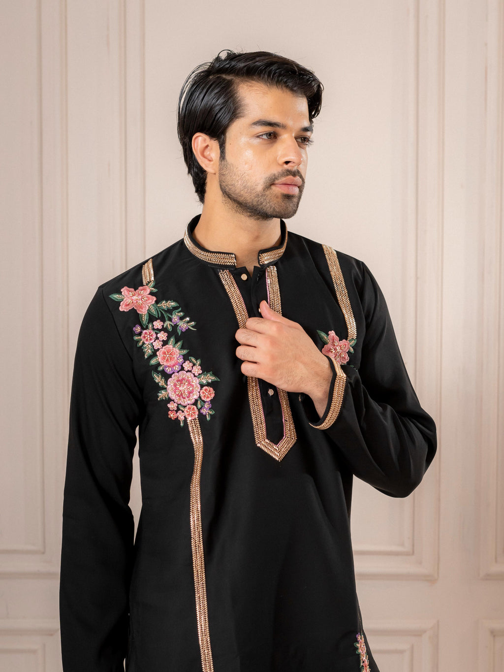 Luxe Black Armani Thread Embroidered Kurta | Tulip Designer
