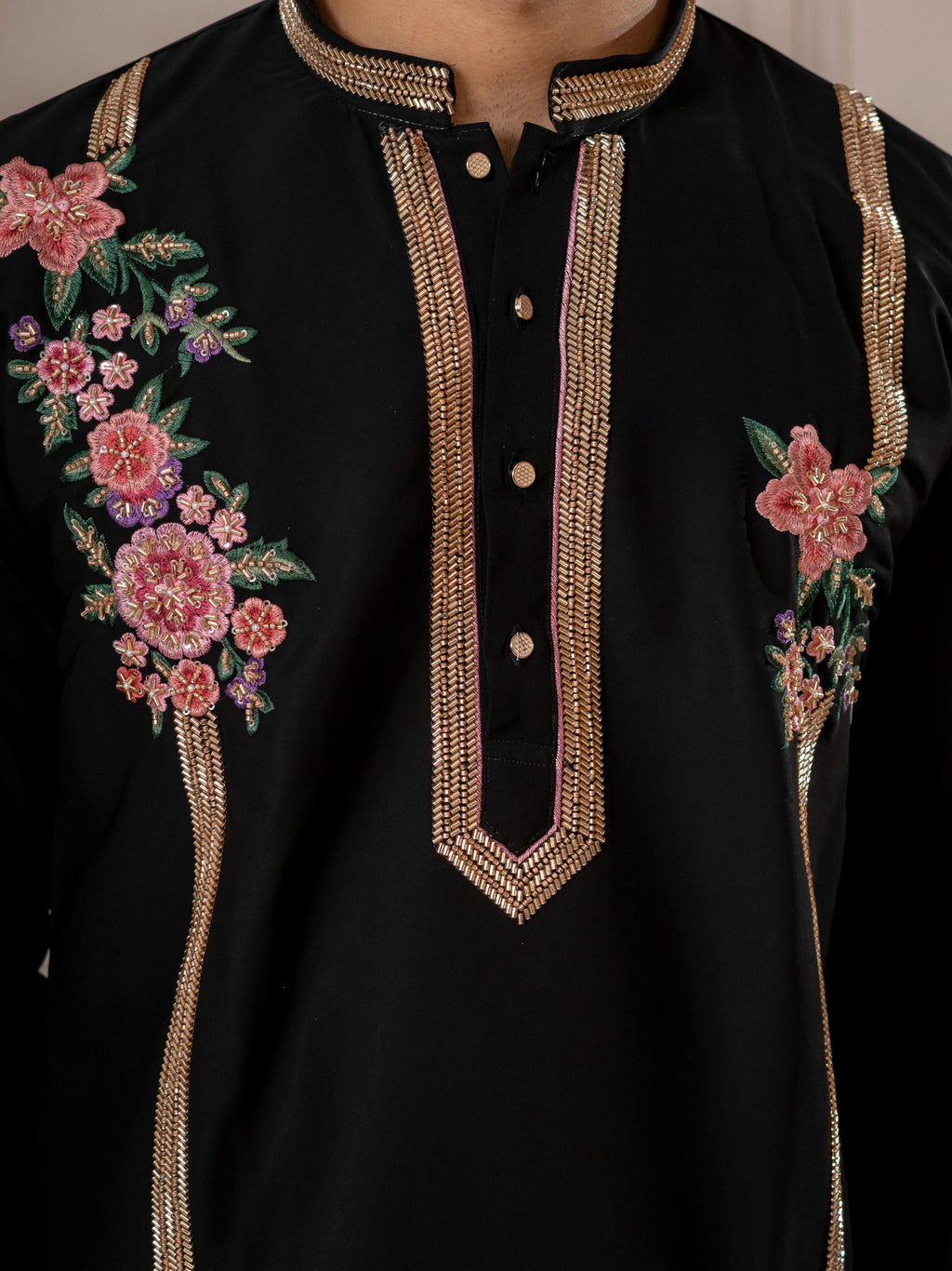 Luxe Black Armani Thread Embroidered Kurta | Tulip Designer
