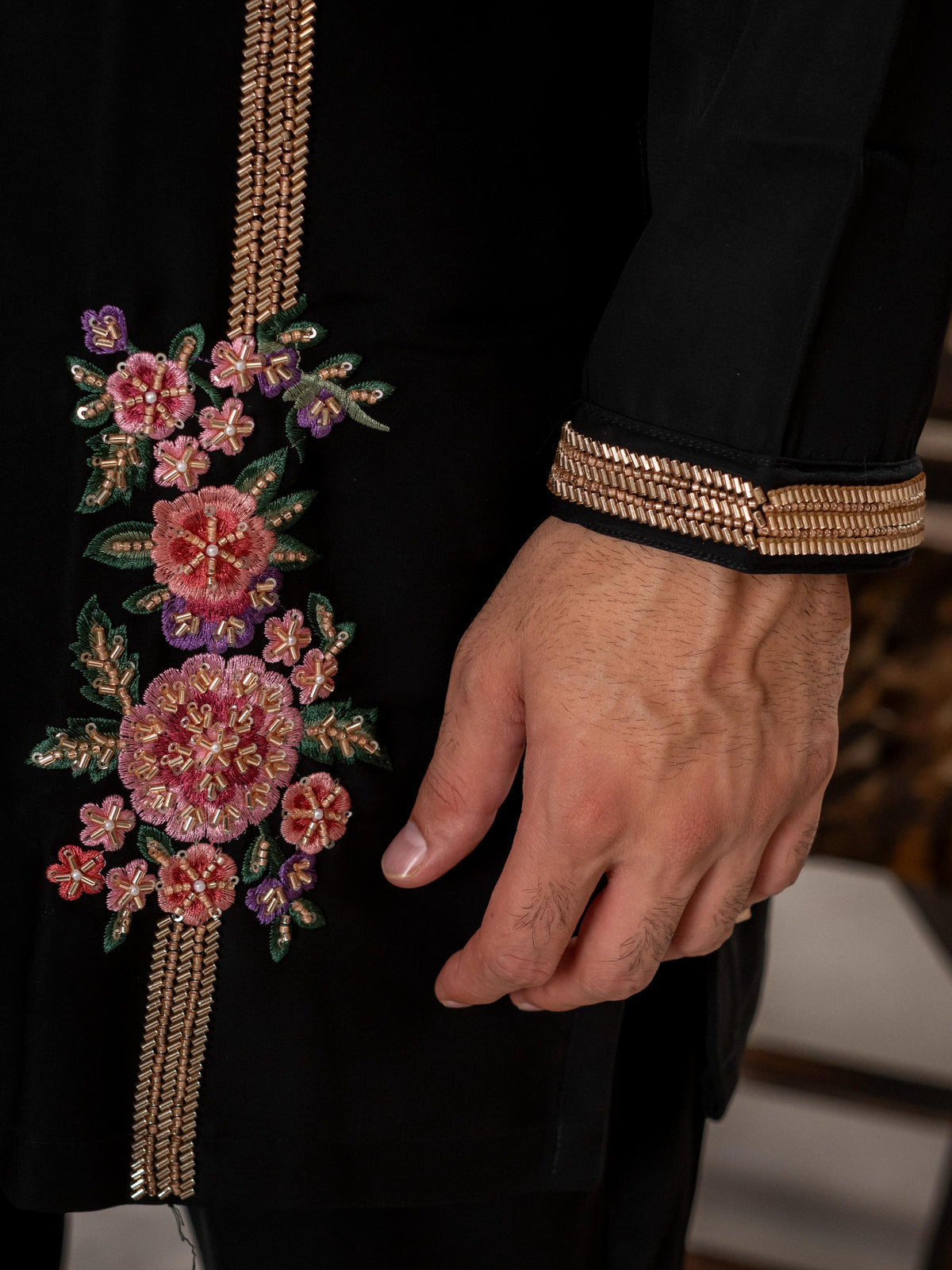 Luxe Black Armani Thread Embroidered Kurta | Tulip Designer
