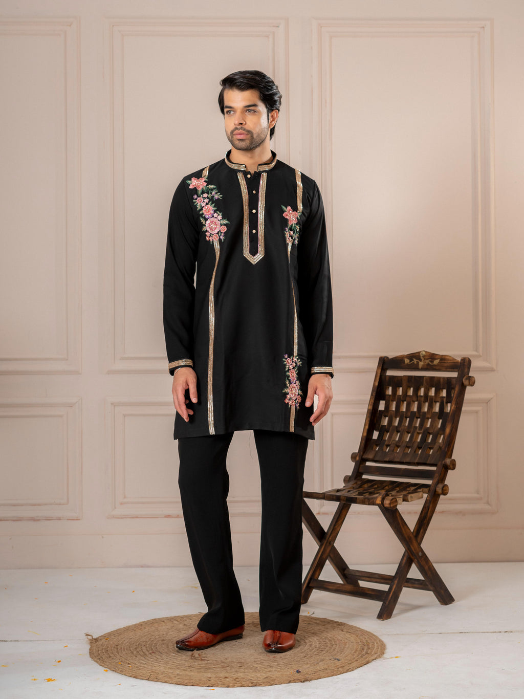 Luxe Black Armani Thread Embroidered Kurta | Tulip Designer
