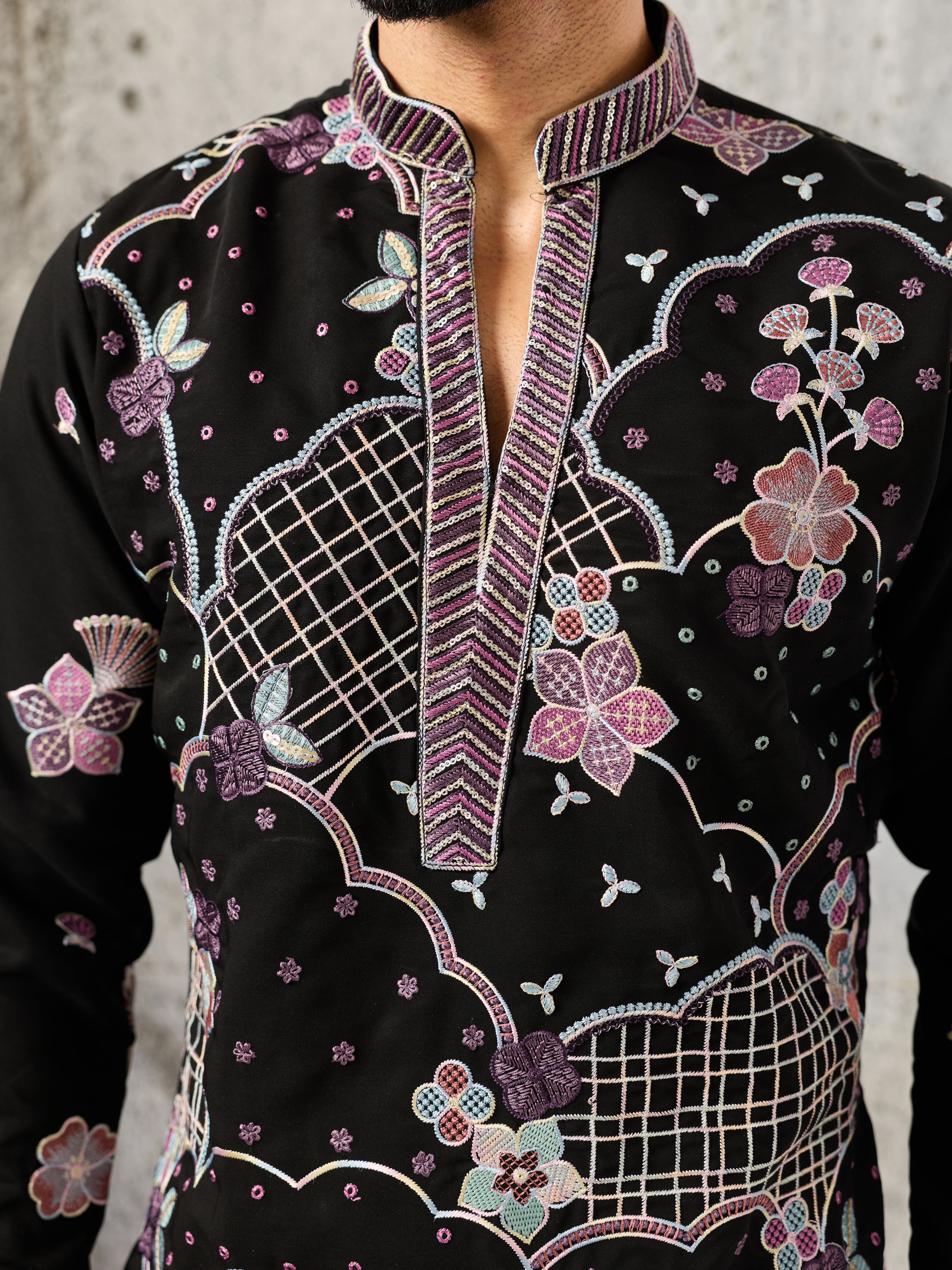 Signature Black Japanese Lachka Embroidered Kurta Bell Bottom Set
