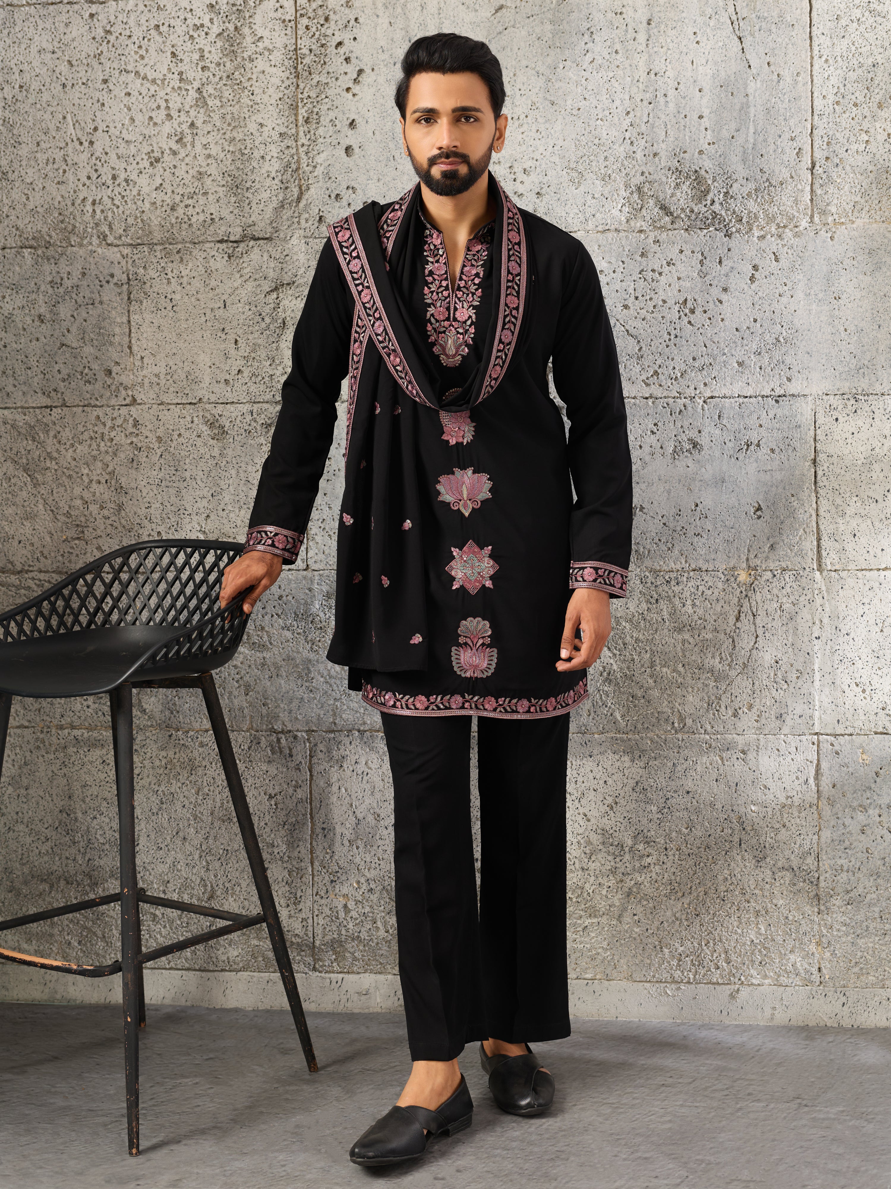 Elegant Black Japanese Lachka Embroidered Kurta Dupatta Set

