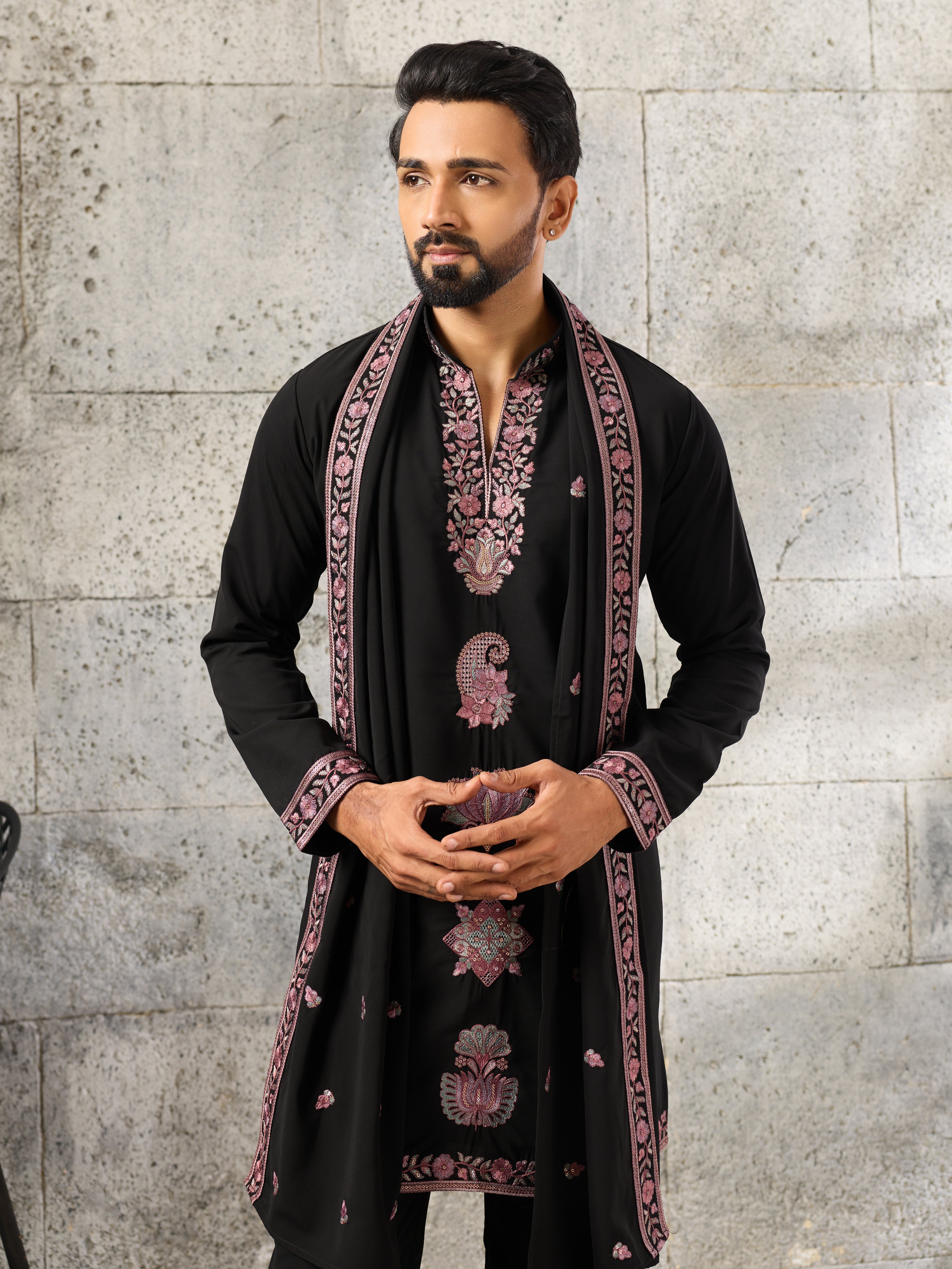 Elegant Black Japanese Lachka Embroidered Kurta Dupatta Set
