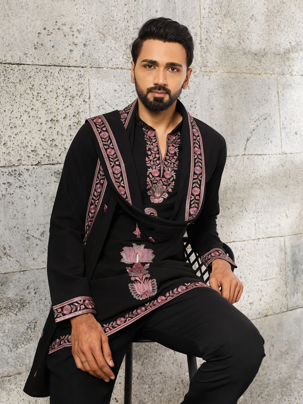 Elegant Black Japanese Lachka Embroidered Kurta Dupatta Set
