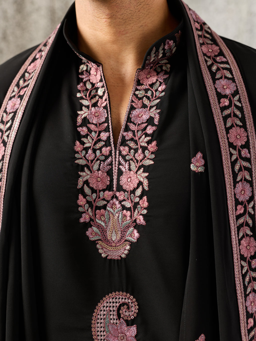 Elegant Black Japanese Lachka Embroidered Kurta Dupatta Set
