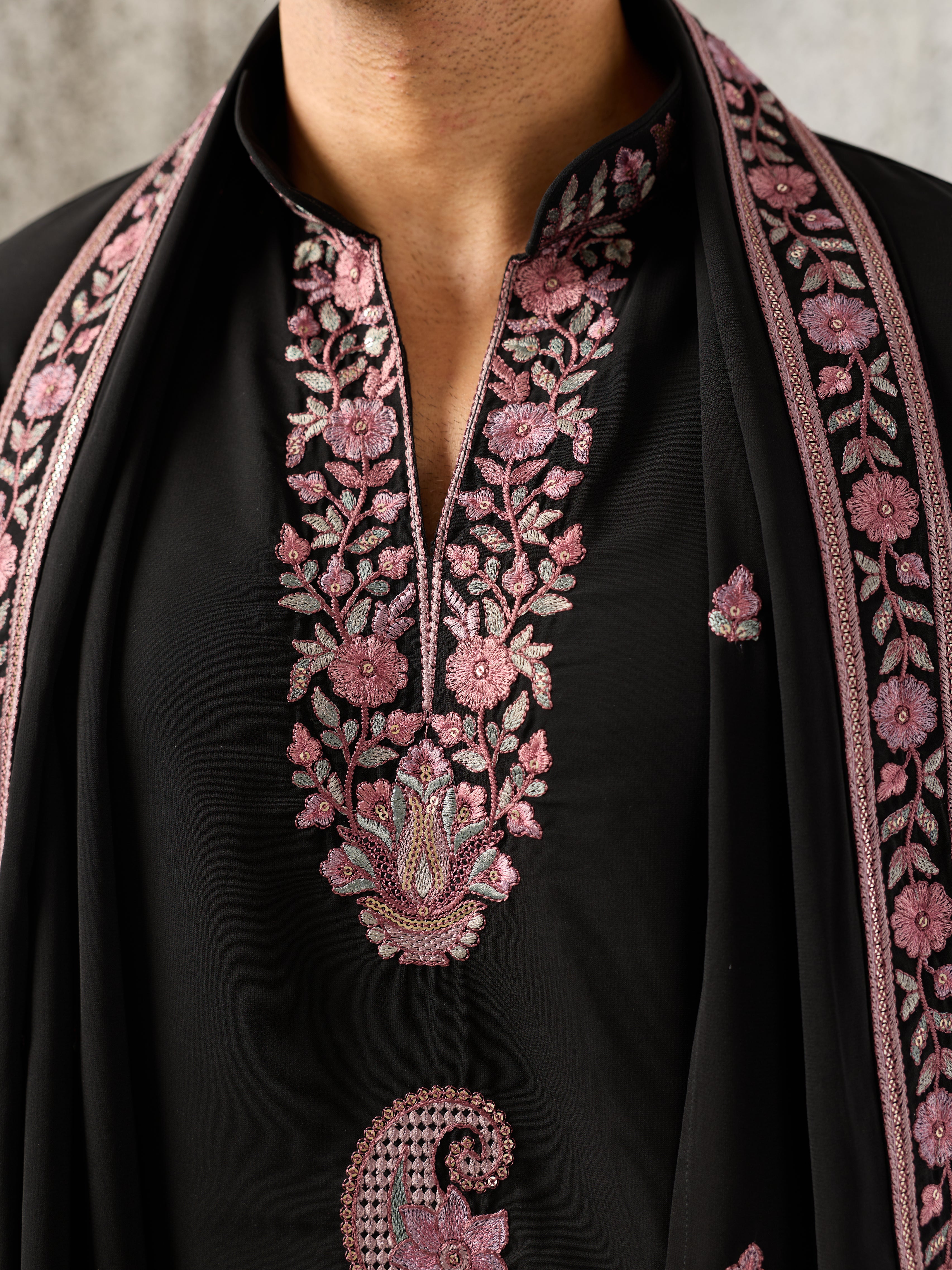Elegant Black Japanese Lachka Embroidered Kurta Dupatta Set
