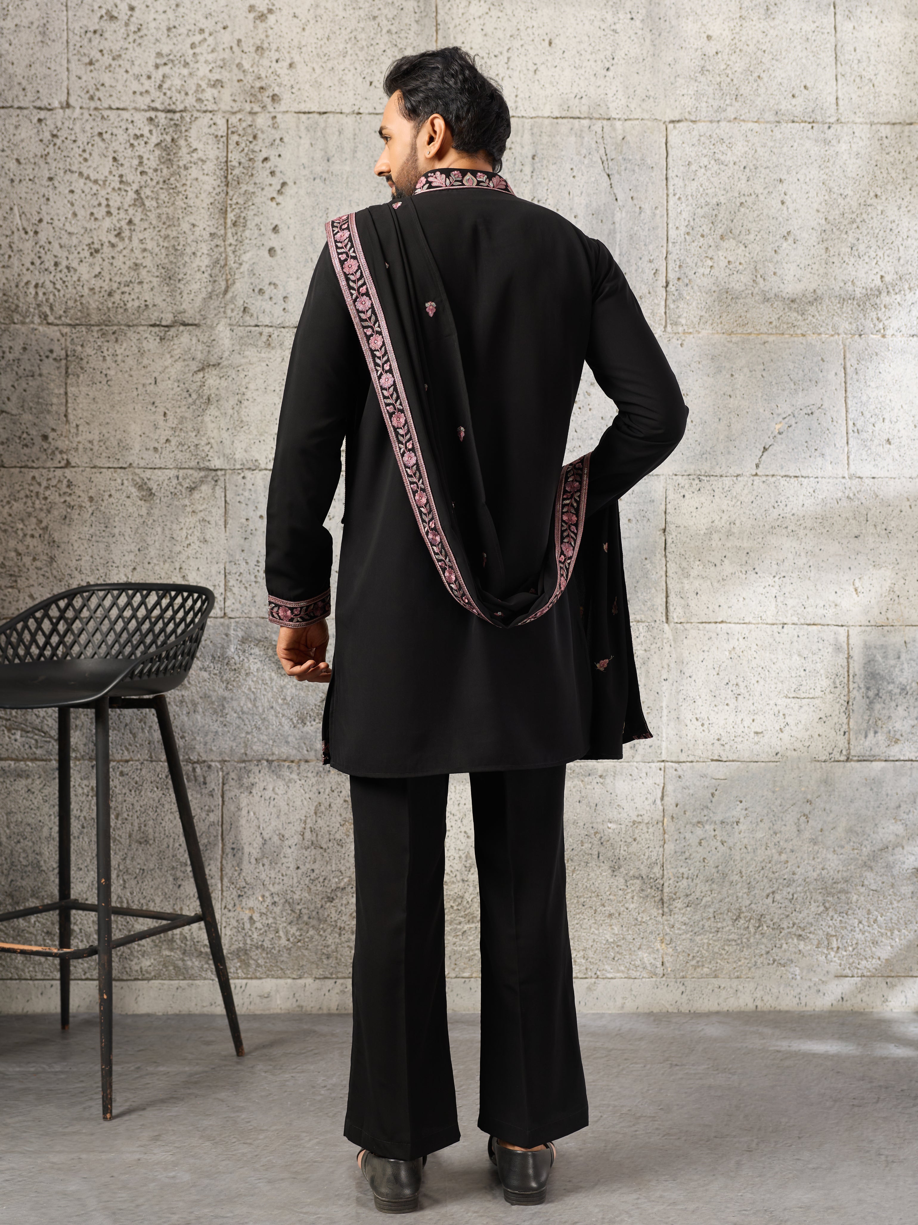 Elegant Black Japanese Lachka Embroidered Kurta Dupatta Set
