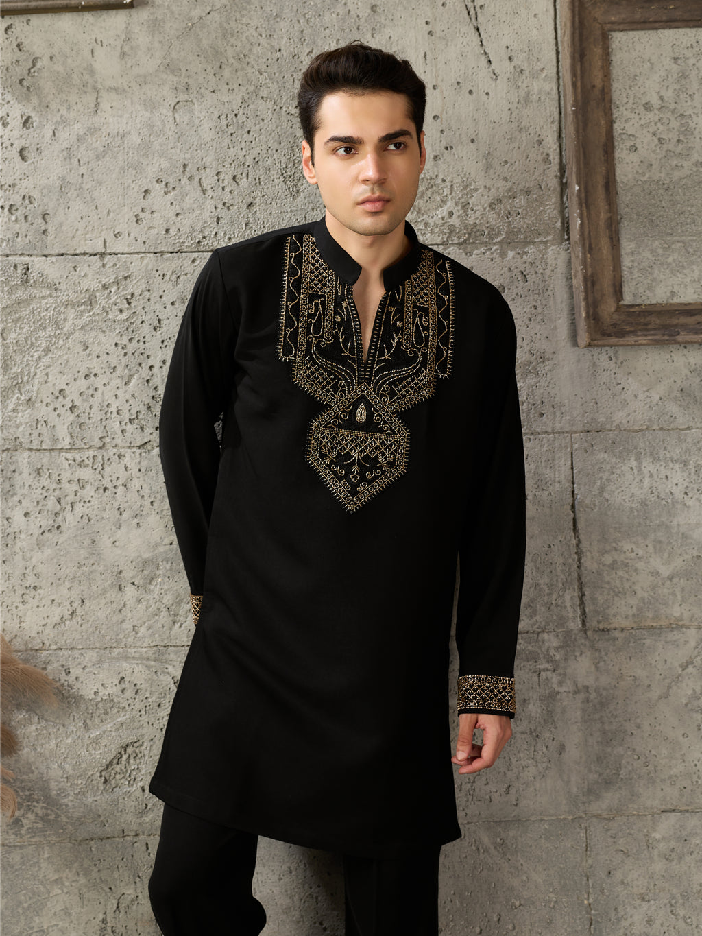Black Premium Japanese Armani Lachka Beads Kurta Set | Tulip Designer
