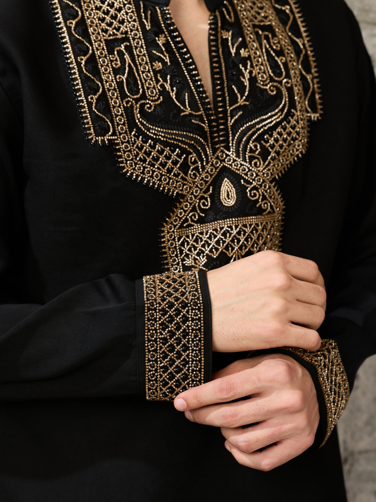 Black Premium Japanese Armani Lachka Beads Kurta Set | Tulip Designer
