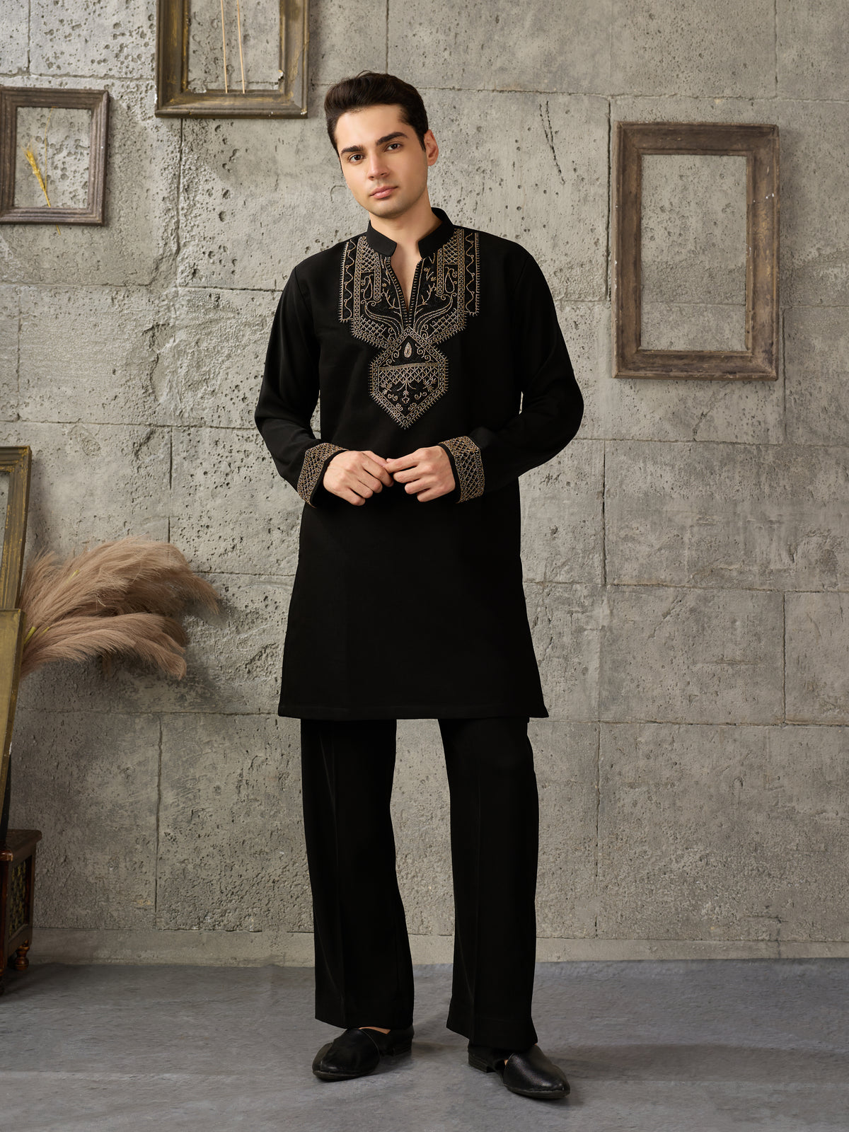Black Premium Japanese Armani Lachka Beads Kurta Set | Tulip Designer
