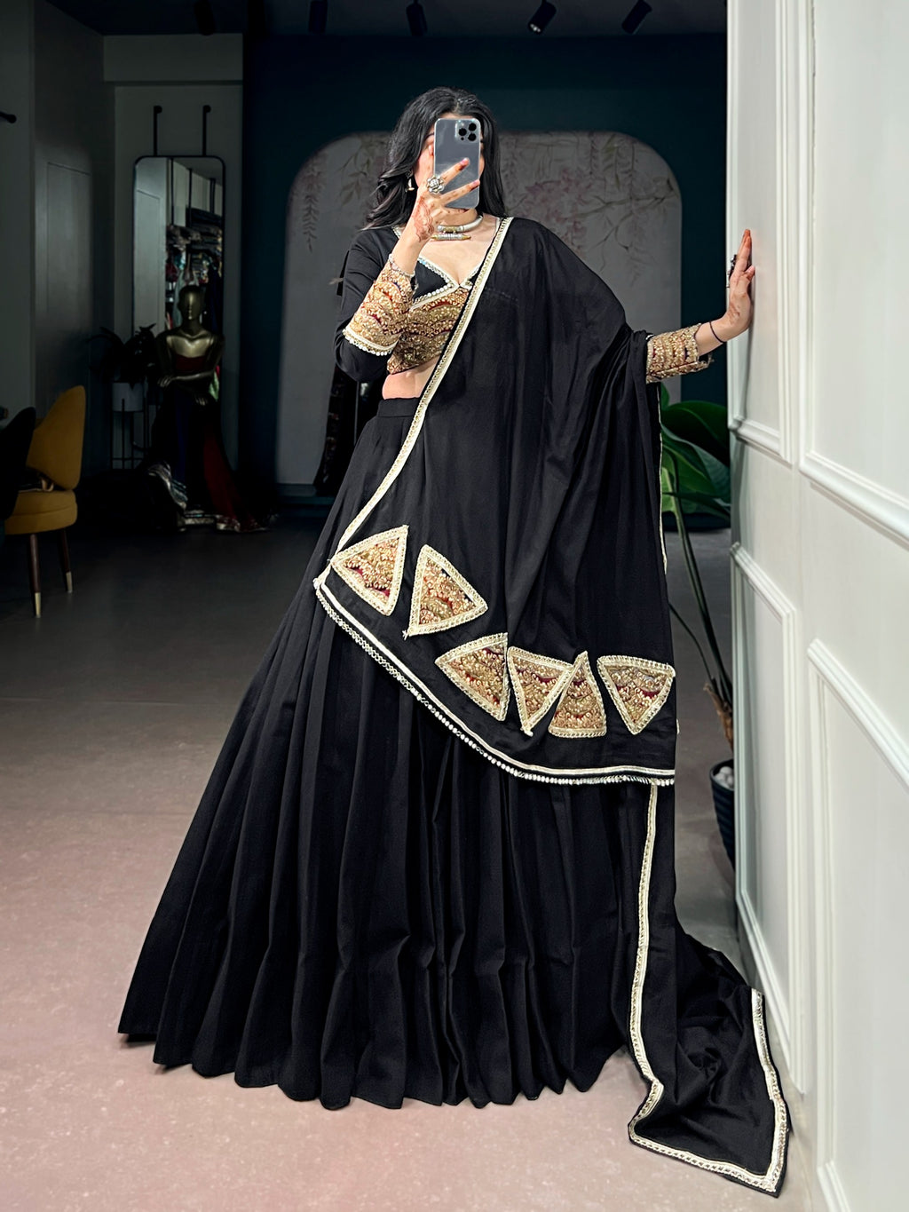 Traditional Black Khadi Cotton Mirror Lehenga Set | Tulip Designer
