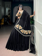 Traditional Black Khadi Cotton Mirror Lehenga Set | Tulip Designer
