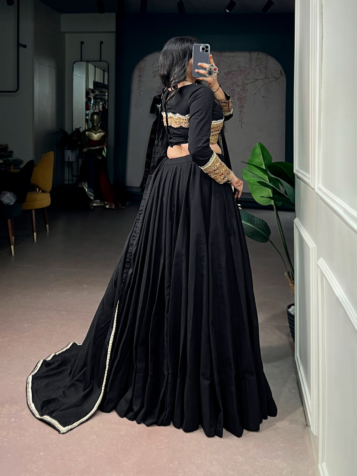 Traditional Black Khadi Cotton Mirror Lehenga Set | Tulip Designer
