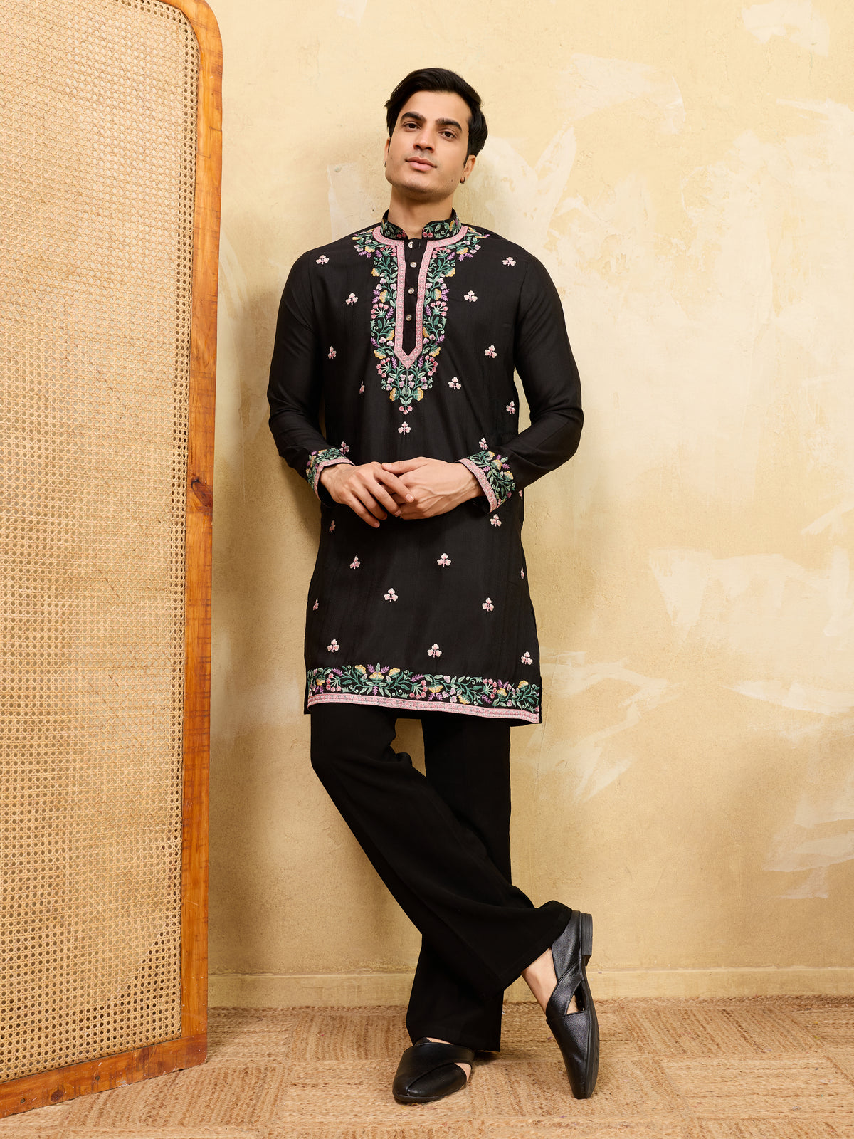Modern Black Khadi Silk Kurta for Men Perfect for Festive Wear

