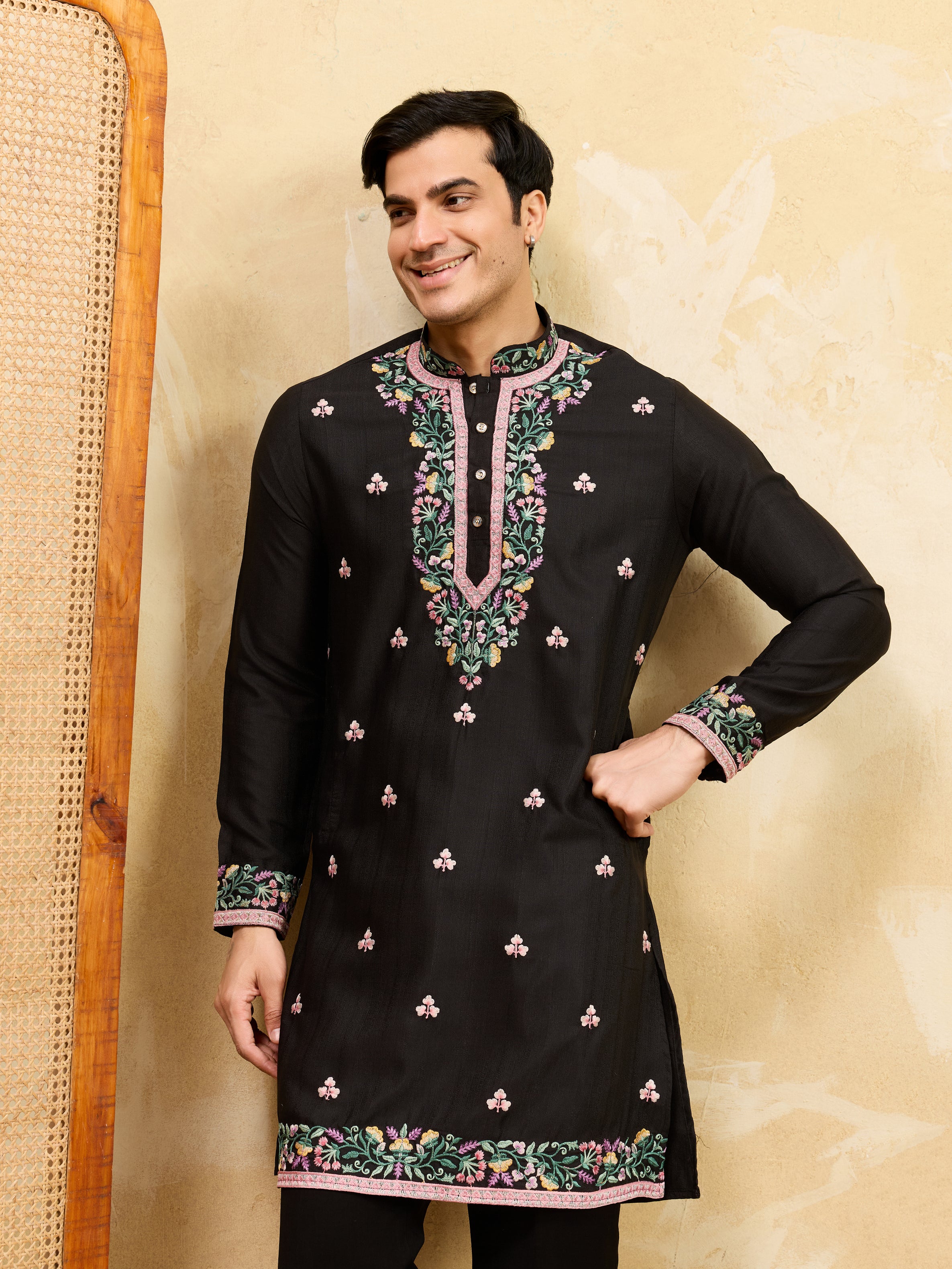 Modern Black Khadi Silk Kurta for Men Perfect for Festive Wear
