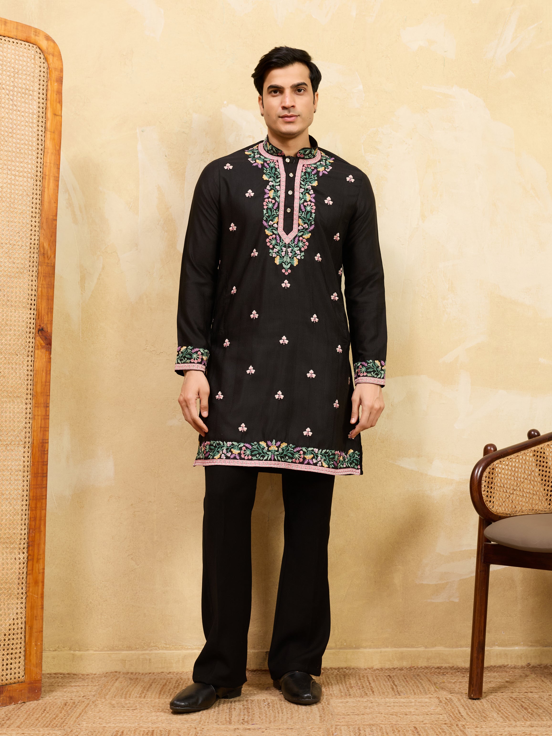 Modern Black Khadi Silk Kurta for Men Perfect for Festive Wear
