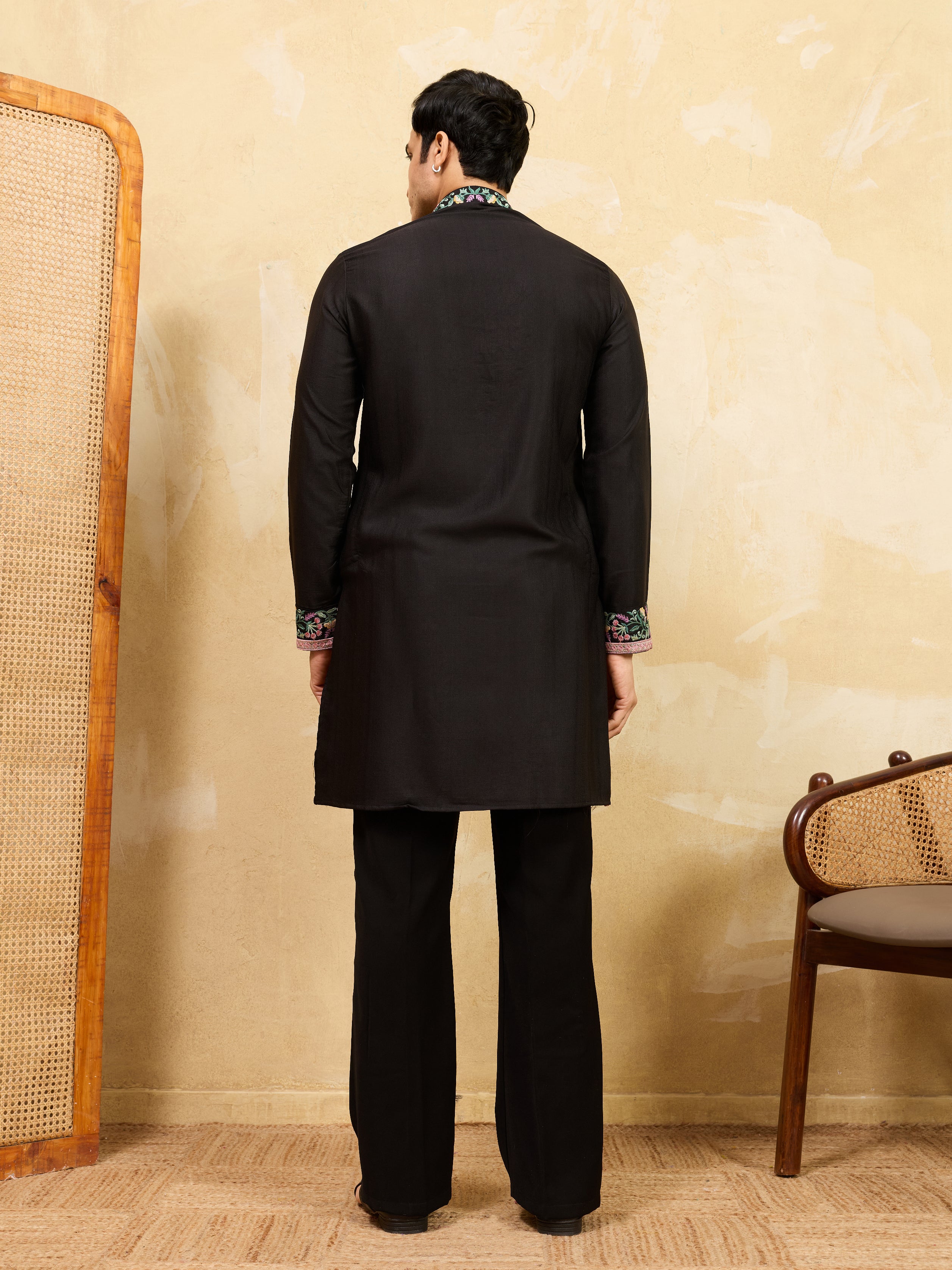 Modern Black Khadi Silk Kurta for Men Perfect for Festive Wear
