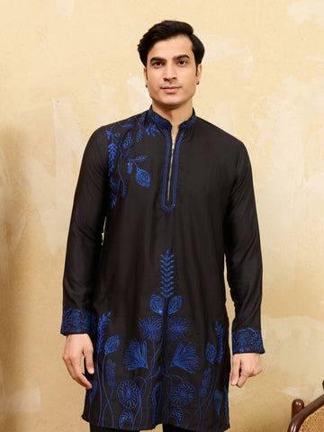 Magic Black Khadi Silk Kurta for Men with Blue Thread Work
