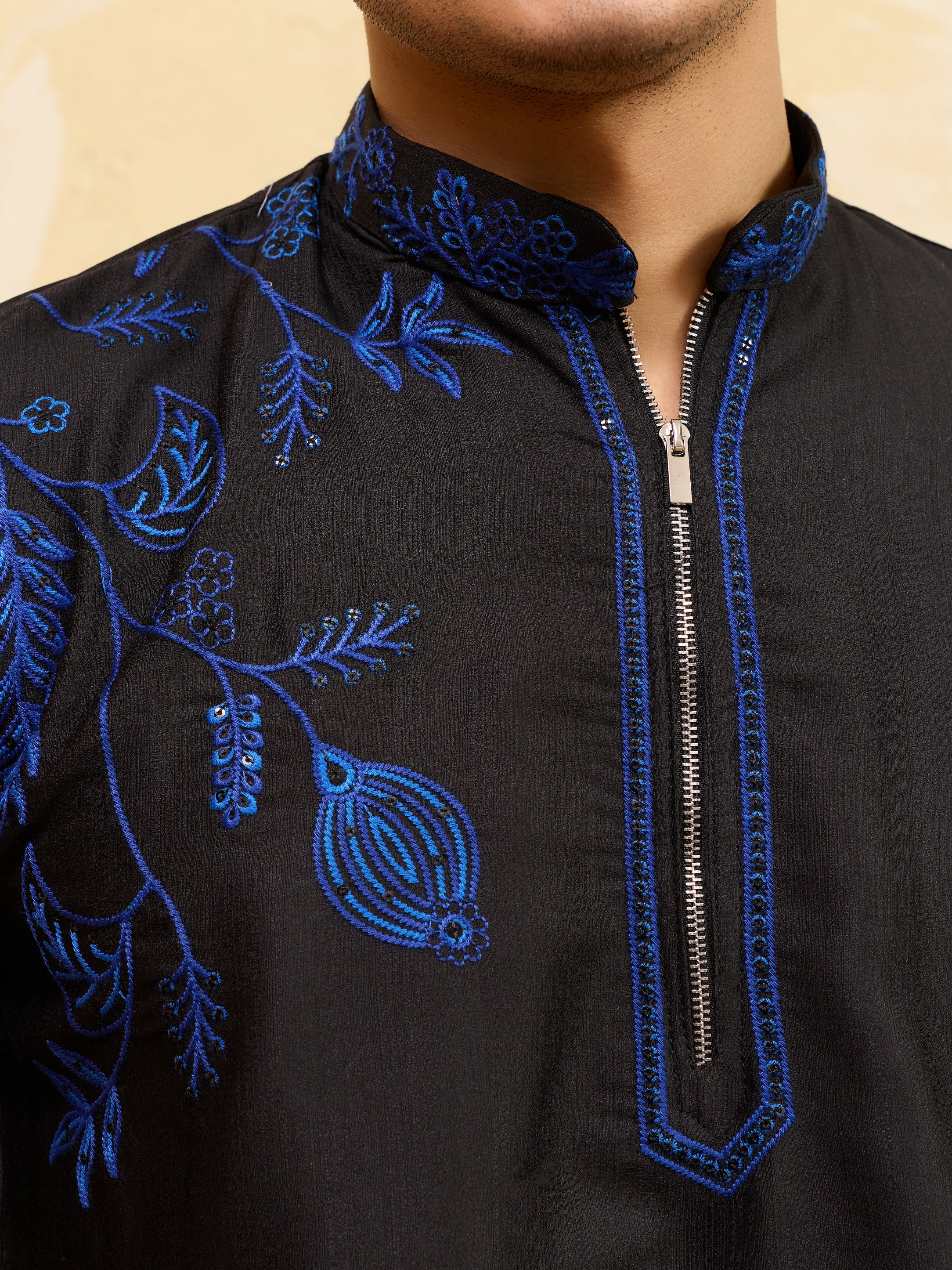 Magic Black Khadi Silk Kurta for Men with Blue Thread Work
