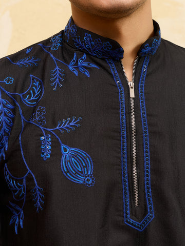 Magic Black Khadi Silk Kurta for Men with Blue Thread Work

