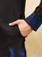 Magic Black Khadi Silk Kurta for Men with Blue Thread Work
