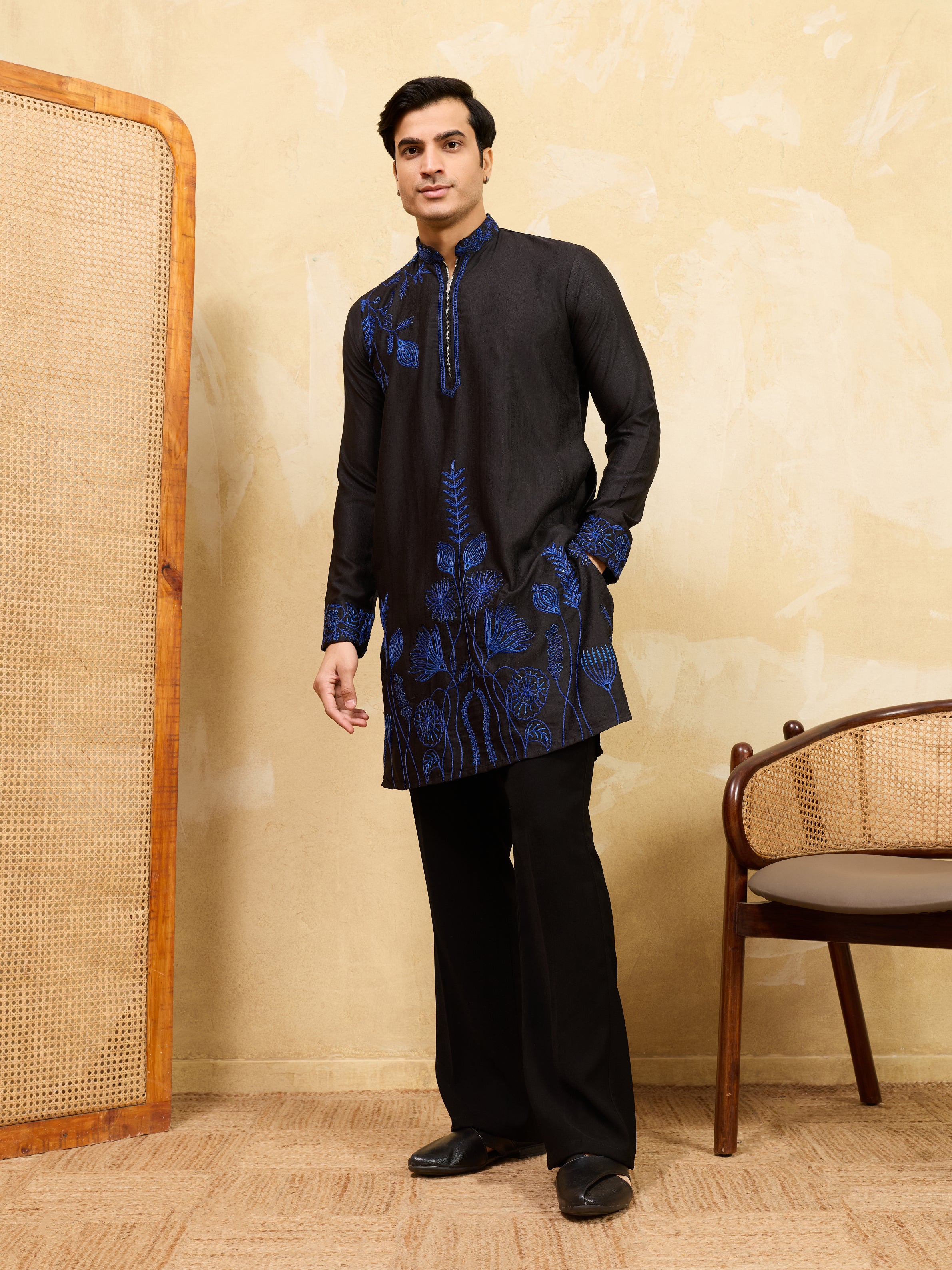 Magic Black Khadi Silk Kurta for Men with Blue Thread Work
