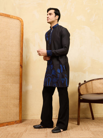 Magic Black Khadi Silk Kurta for Men with Blue Thread Work