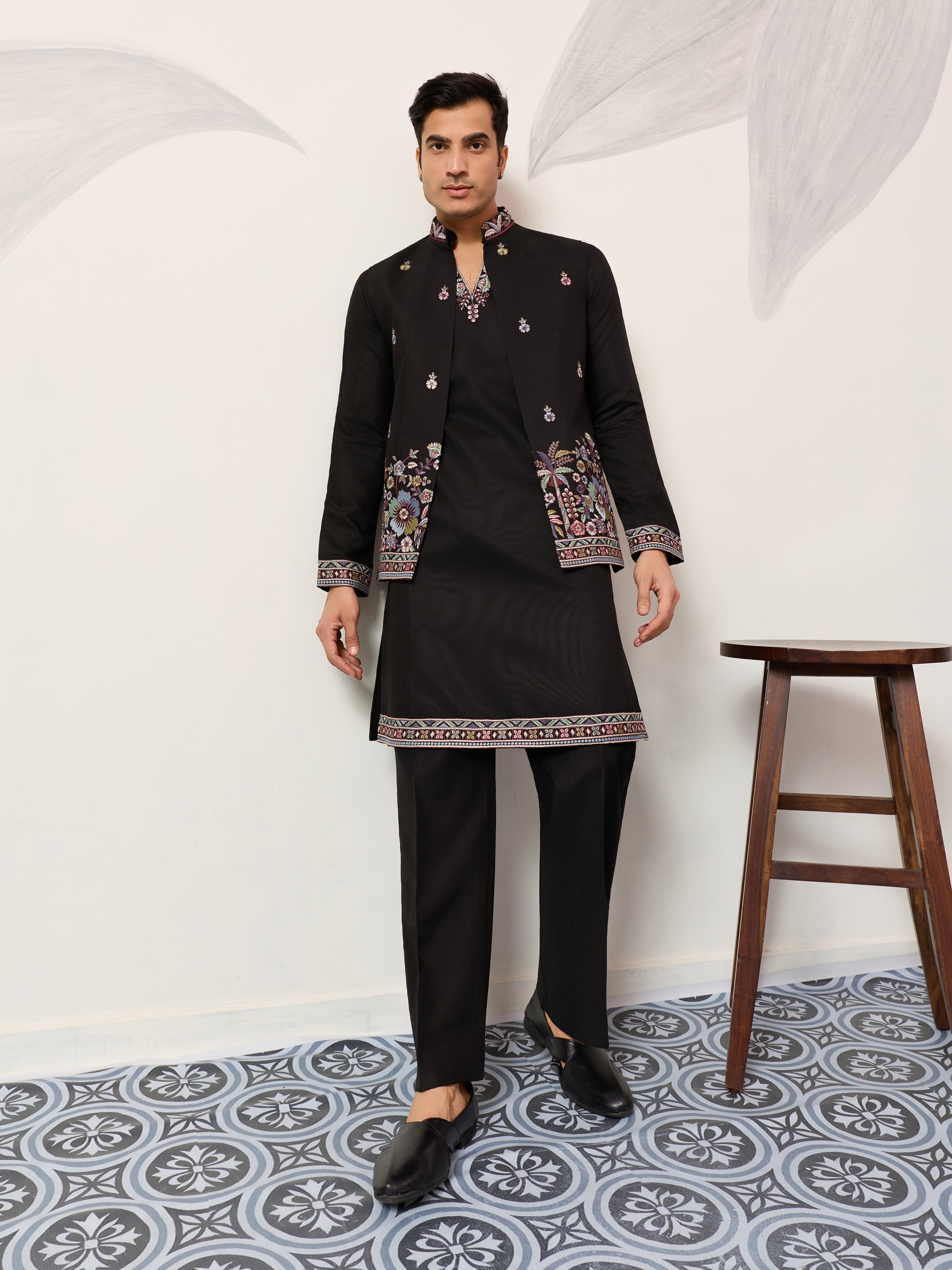 Wedding Special Black Koti Kurta with Pant for Mens Wear