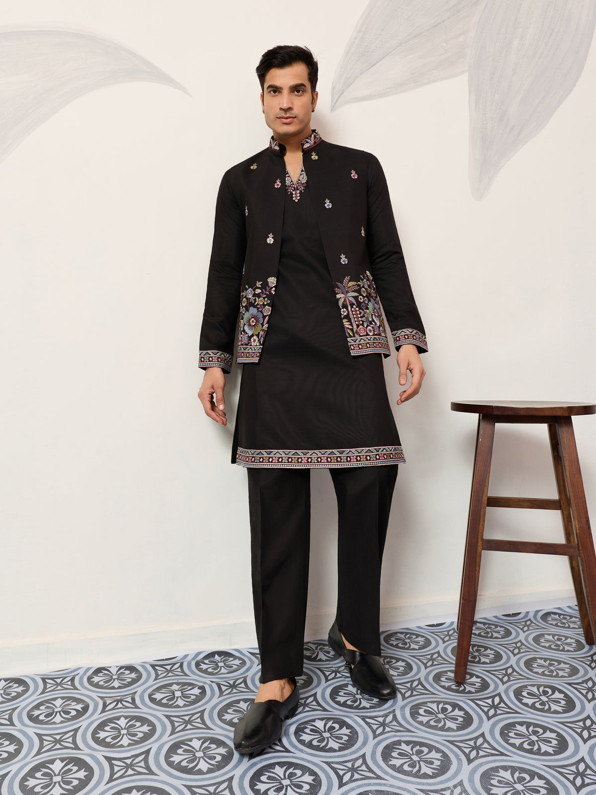 Wedding Special Black Koti Kurta with Pant for Mens Wear
