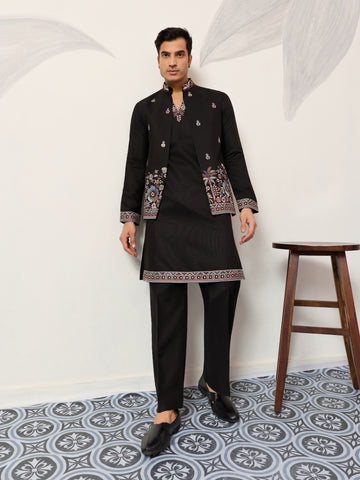 Wedding Special Black Koti Kurta with Pant for Mens Wear