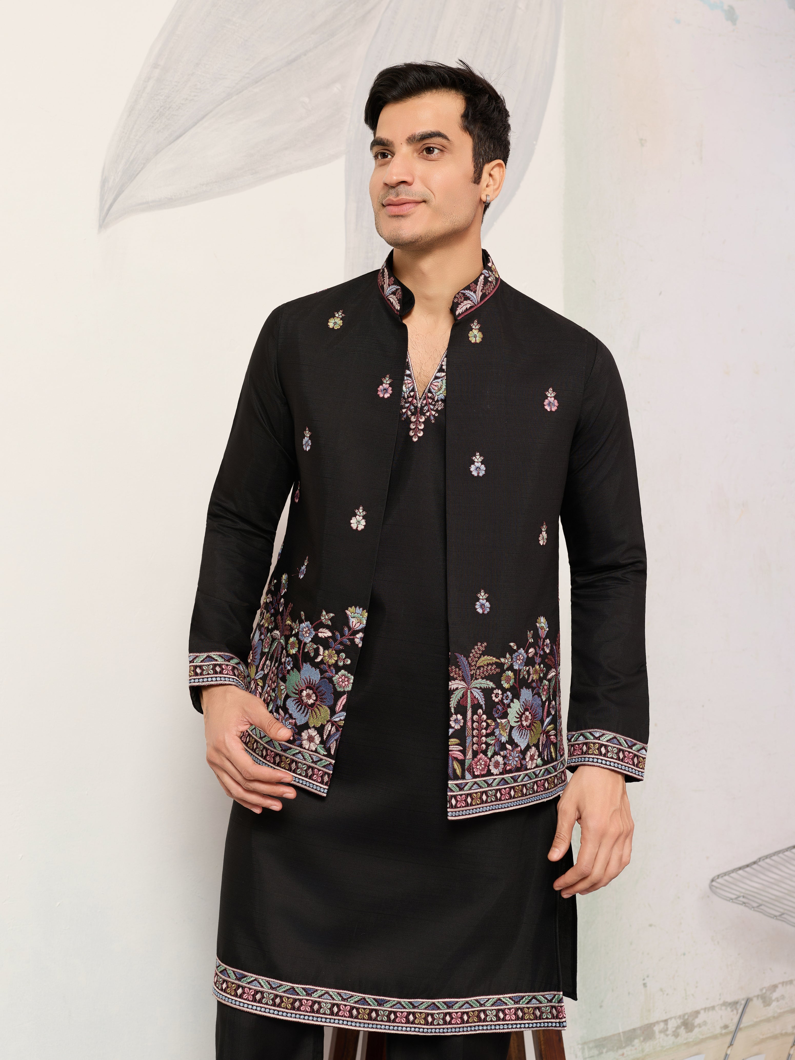 Wedding Special Black Koti Kurta with Pant for Mens Wear