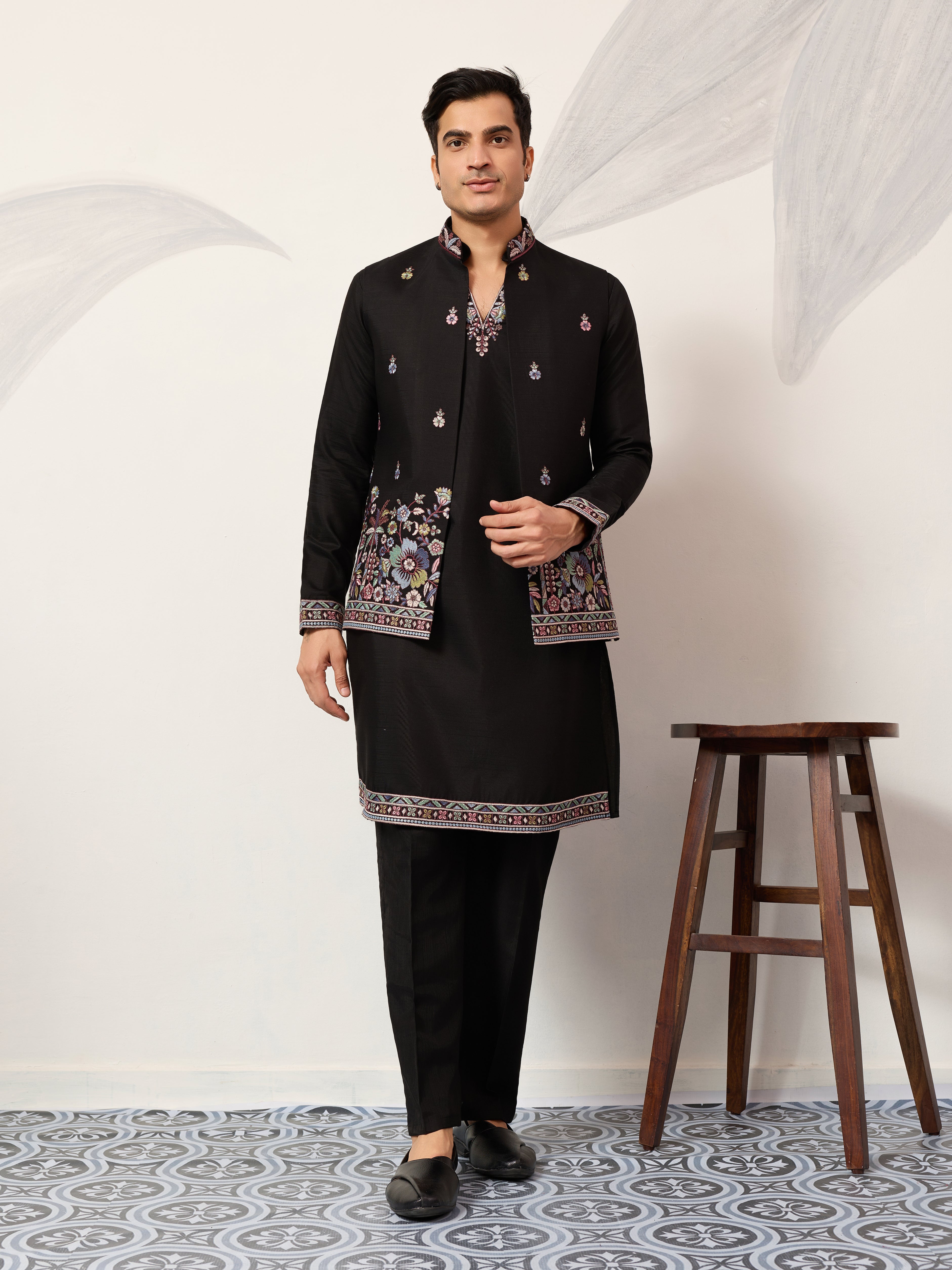 Wedding Special Black Koti Kurta with Pant for Mens Wear