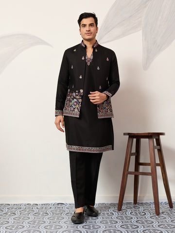 Wedding Special Black Koti Kurta with Pant for Mens Wear