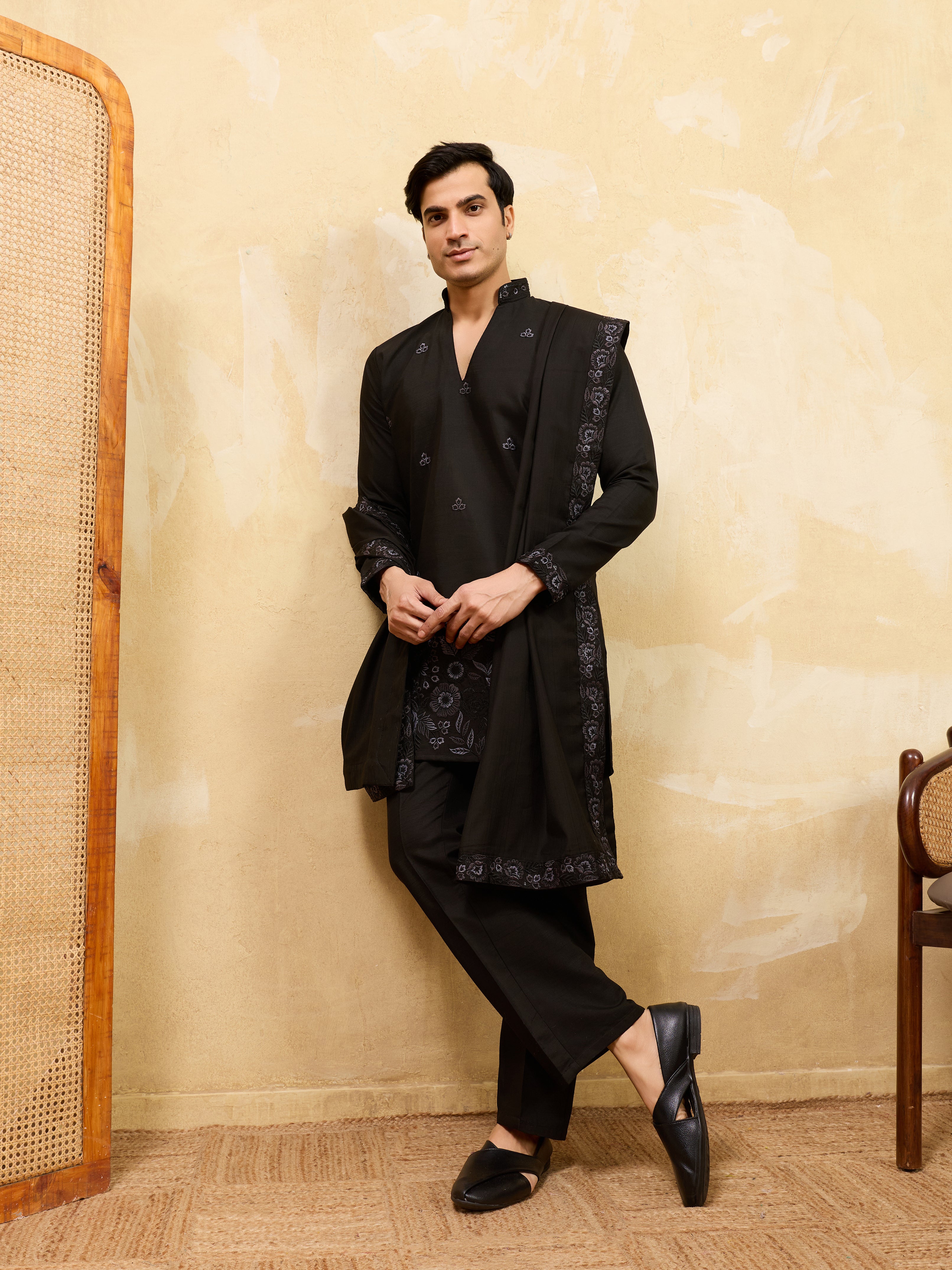 Classic Black Viscose Silk Embroidered Work Kurta Pant Dupatta Set
