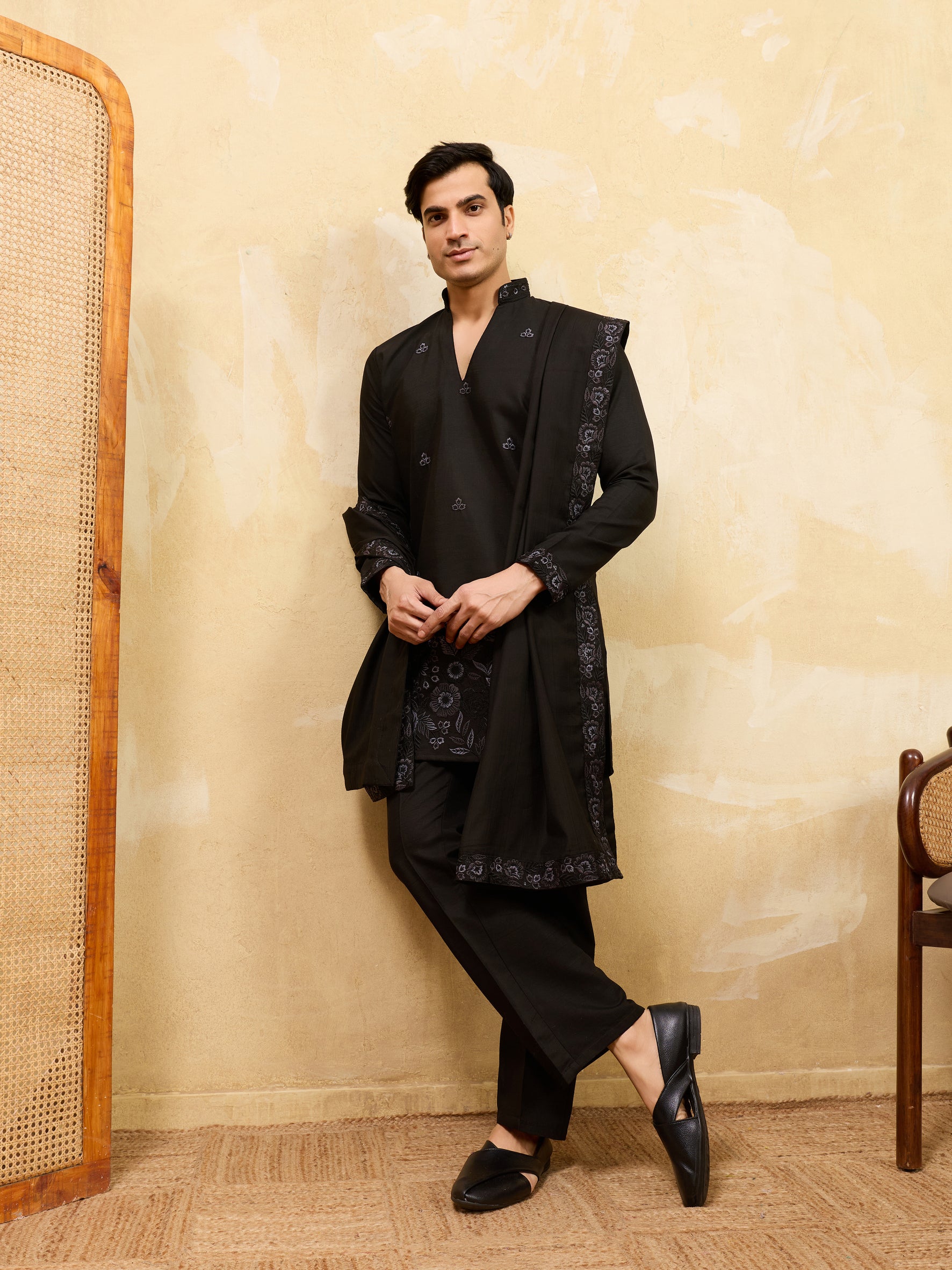 Classic Black Viscose Silk Embroidered Work Kurta Pant Dupatta Set