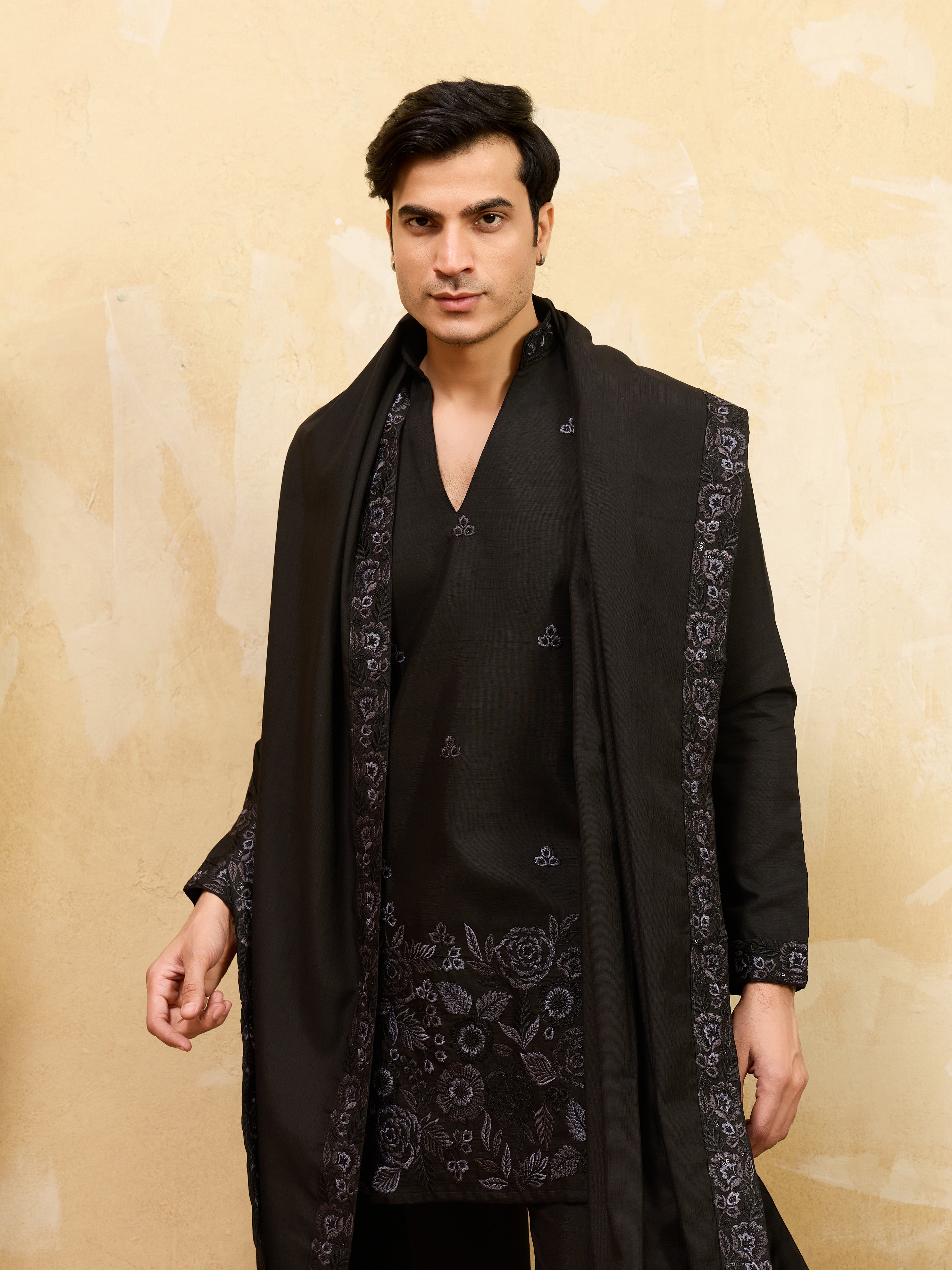 Classic Black Viscose Silk Embroidered Work Kurta Pant Dupatta Set